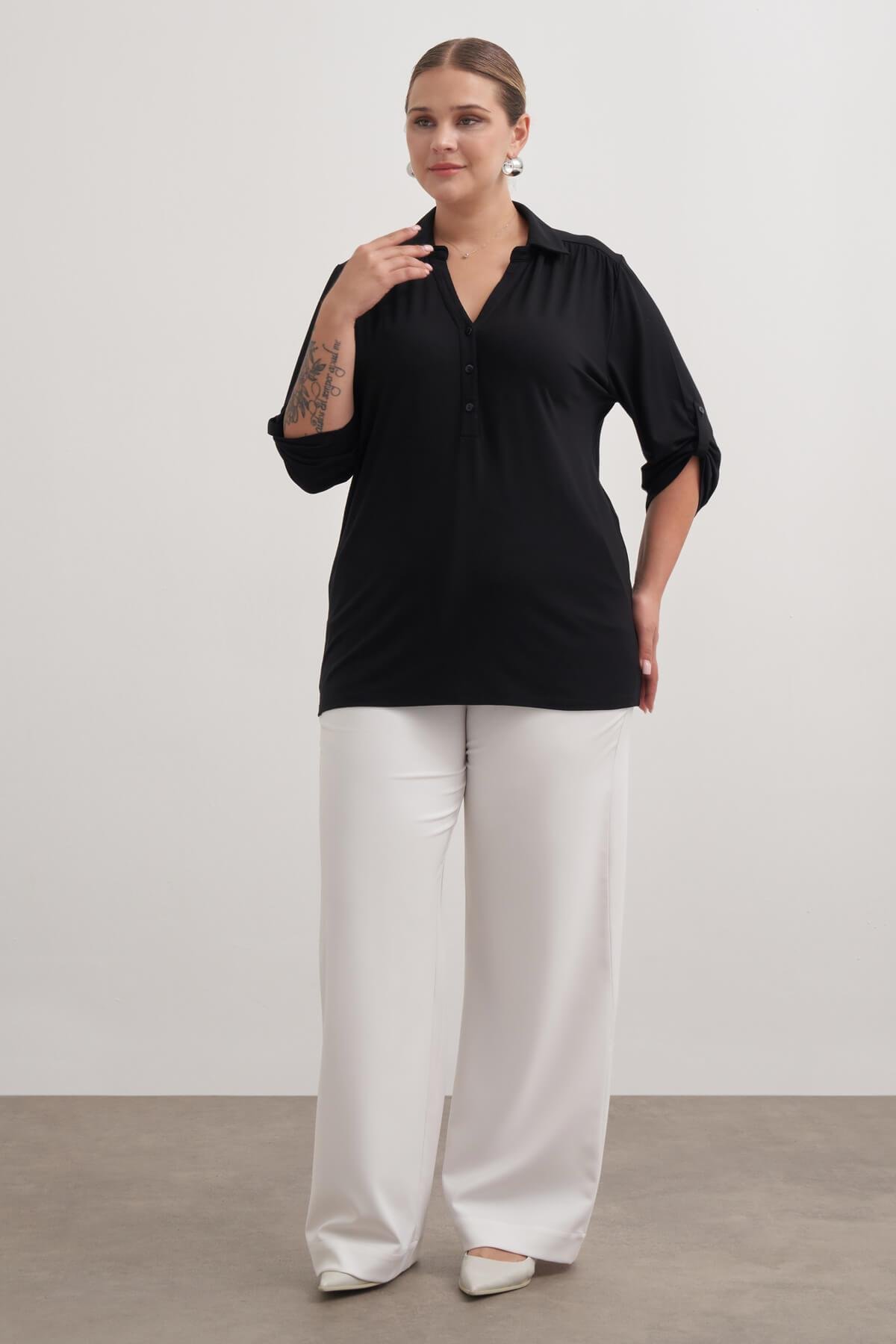 Myline-Kıvrık Kollu Örme Bluz-Büyük Beden Bluz-149509