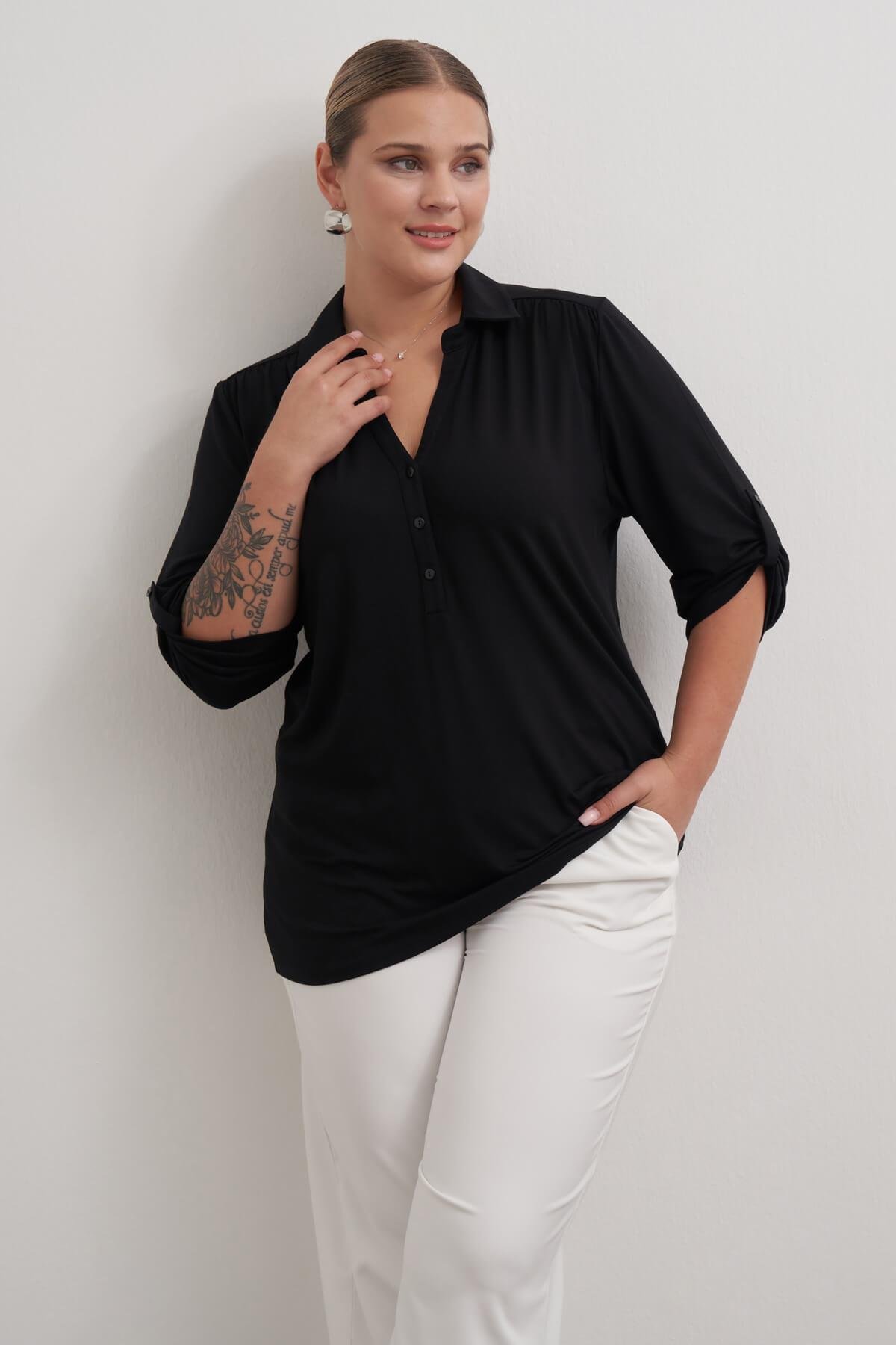 Myline-Kıvrık Kollu Örme Bluz-Büyük Beden Bluz-149509