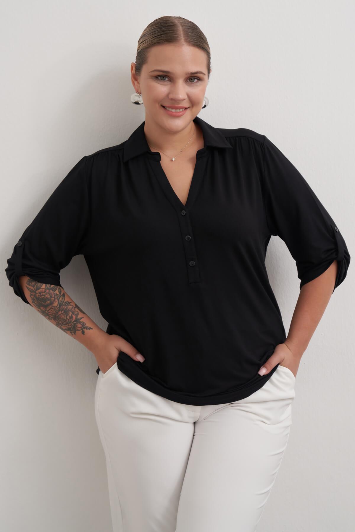 Myline-Kıvrık Kollu Örme Bluz-Büyük Beden Bluz-149509