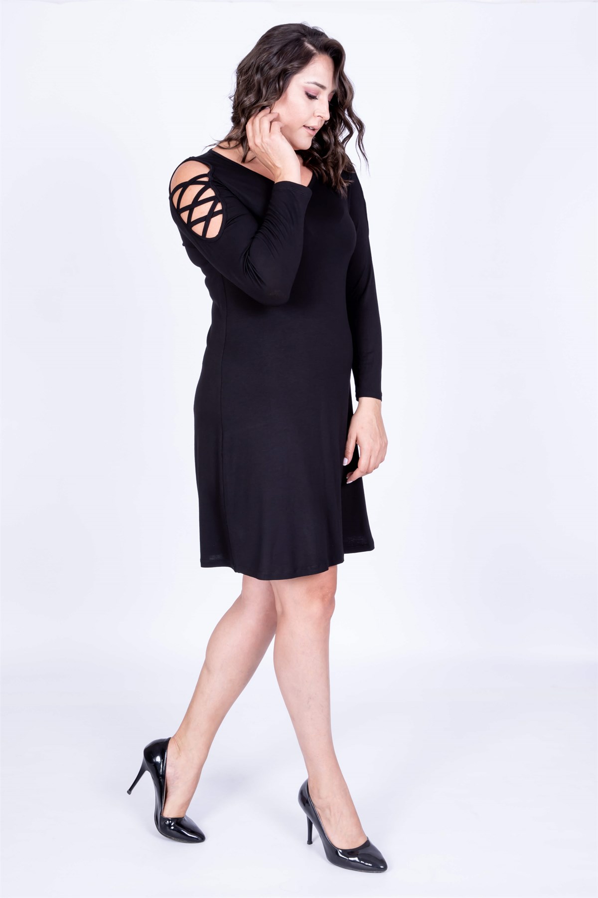 Myline-Kol Biyeli Çerçeveli Elbise-Büyük Beden Günlük Elbiseler-35004