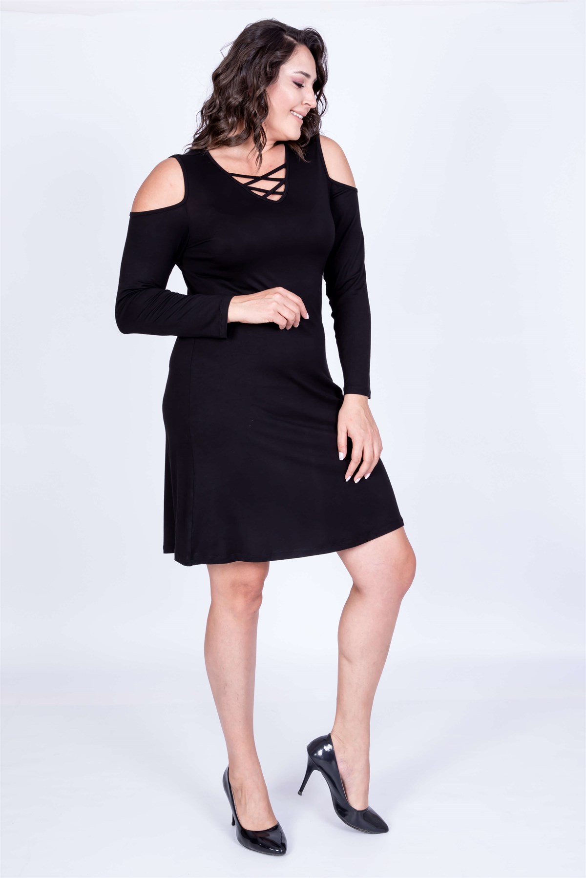 Myline-Kol Çerçeveli Biye Detaylı Elbise-Büyük Beden Günlük Elbiseler-34996