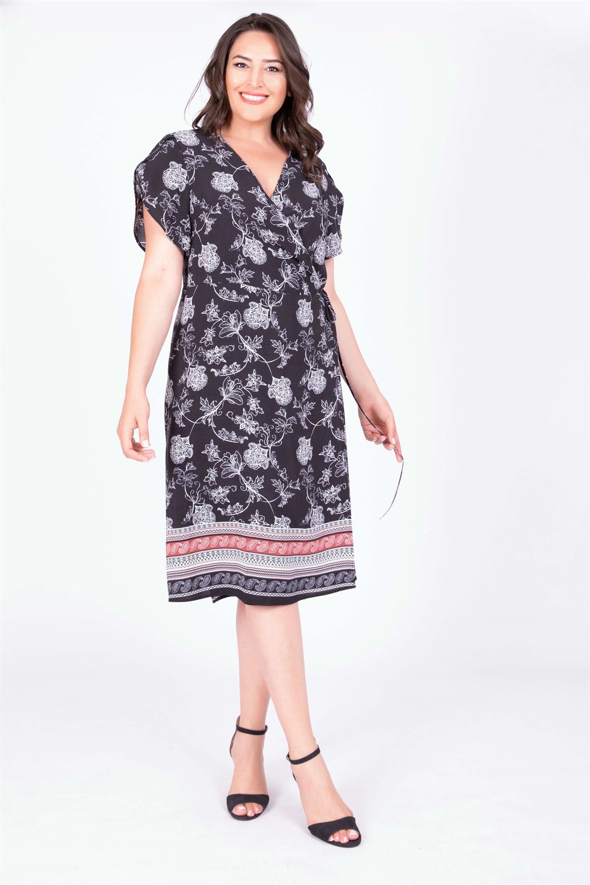 Myline-Kol Detaylı Kruvaze Elbise-Büyük Beden Günlük Elbiseler-34894