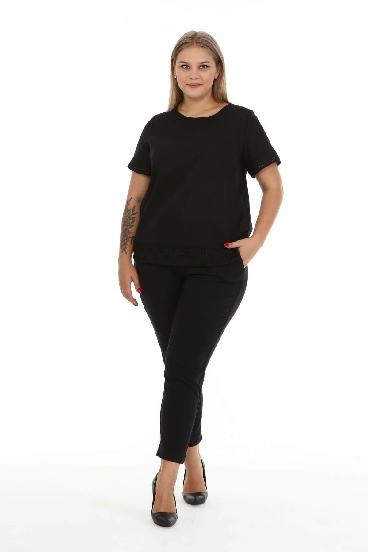 Myline-Kol ve Etek Ucu Fistolu Bluz-Büyük Beden Bluz-66911