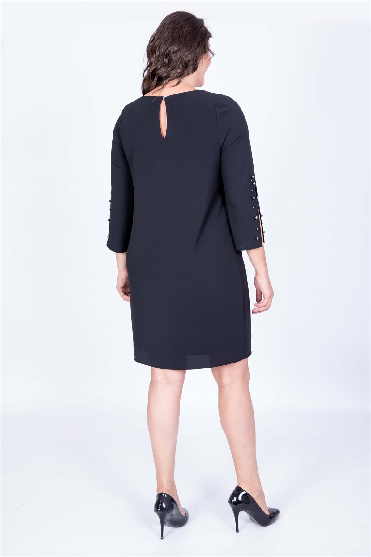 Myline-Kolda İnci Detaylı Astarlı Elbise-Büyük Beden Günlük Elbiseler-23738