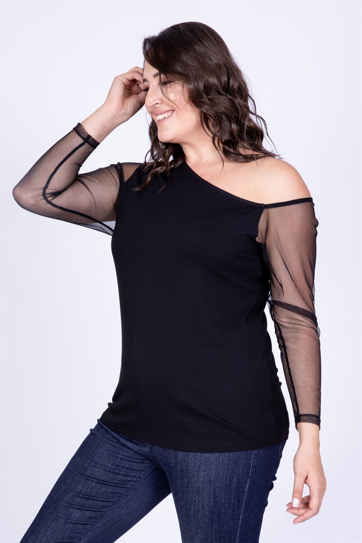 Myline-Kolları Asimetrik Fileli Bluz-Büyük Beden Bluz-35134