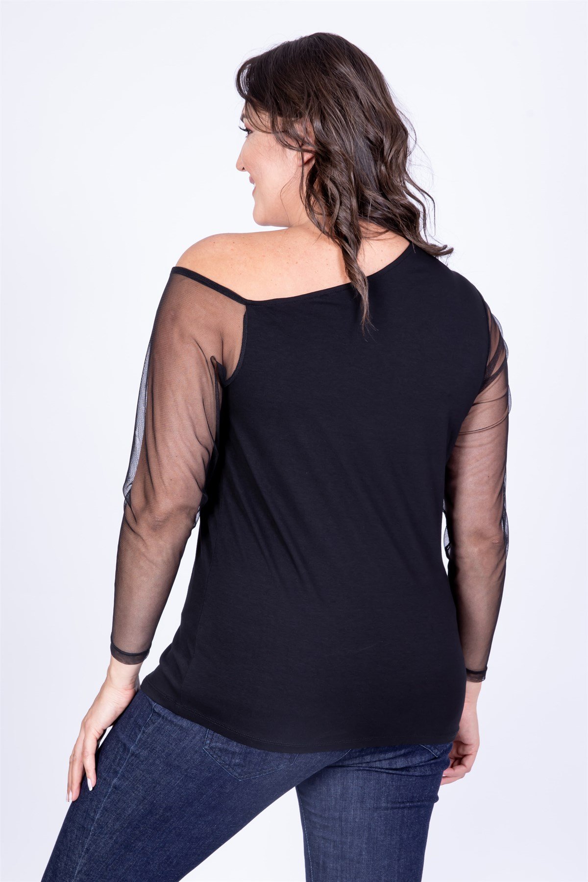 Myline-Kolları Asimetrik Fileli Bluz-Büyük Beden Bluz-35134