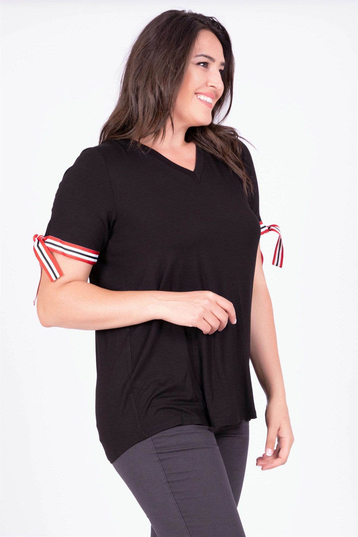 Myline-Kolları Bantlı T-Shirt-Büyük Beden Tişört-23793