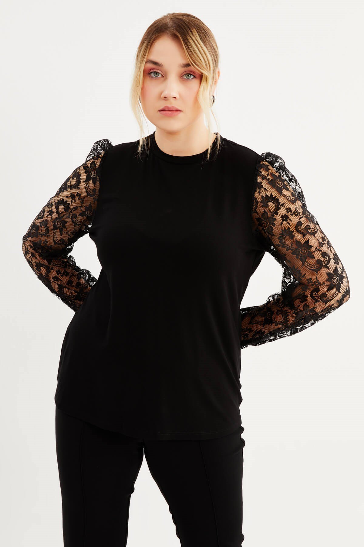 Myline-Kolları Dantelli Yuvarlak Yakalı Örme Bluz-Büyük Beden Bluz-88028