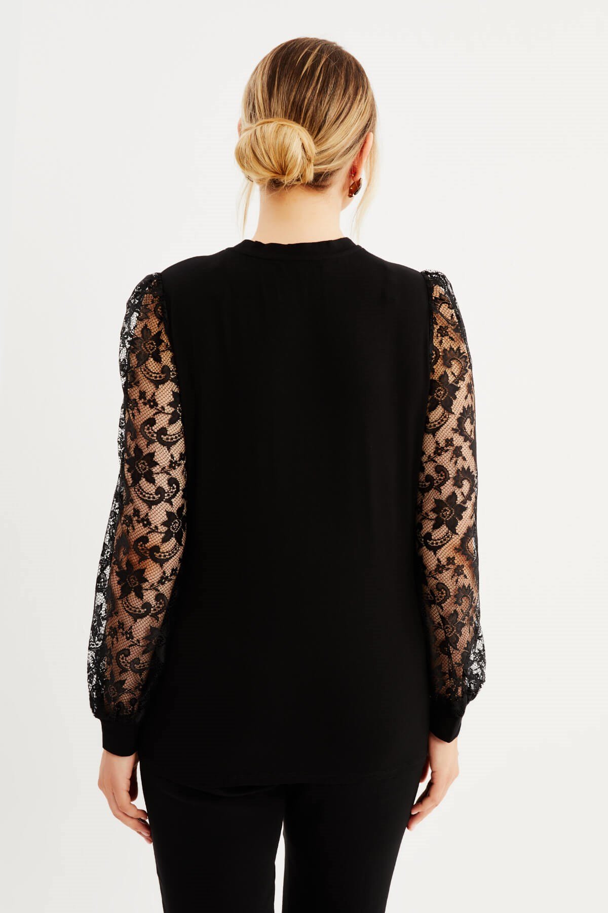 Myline-Kolları Dantelli Yuvarlak Yakalı Örme Bluz-Büyük Beden Bluz-88028