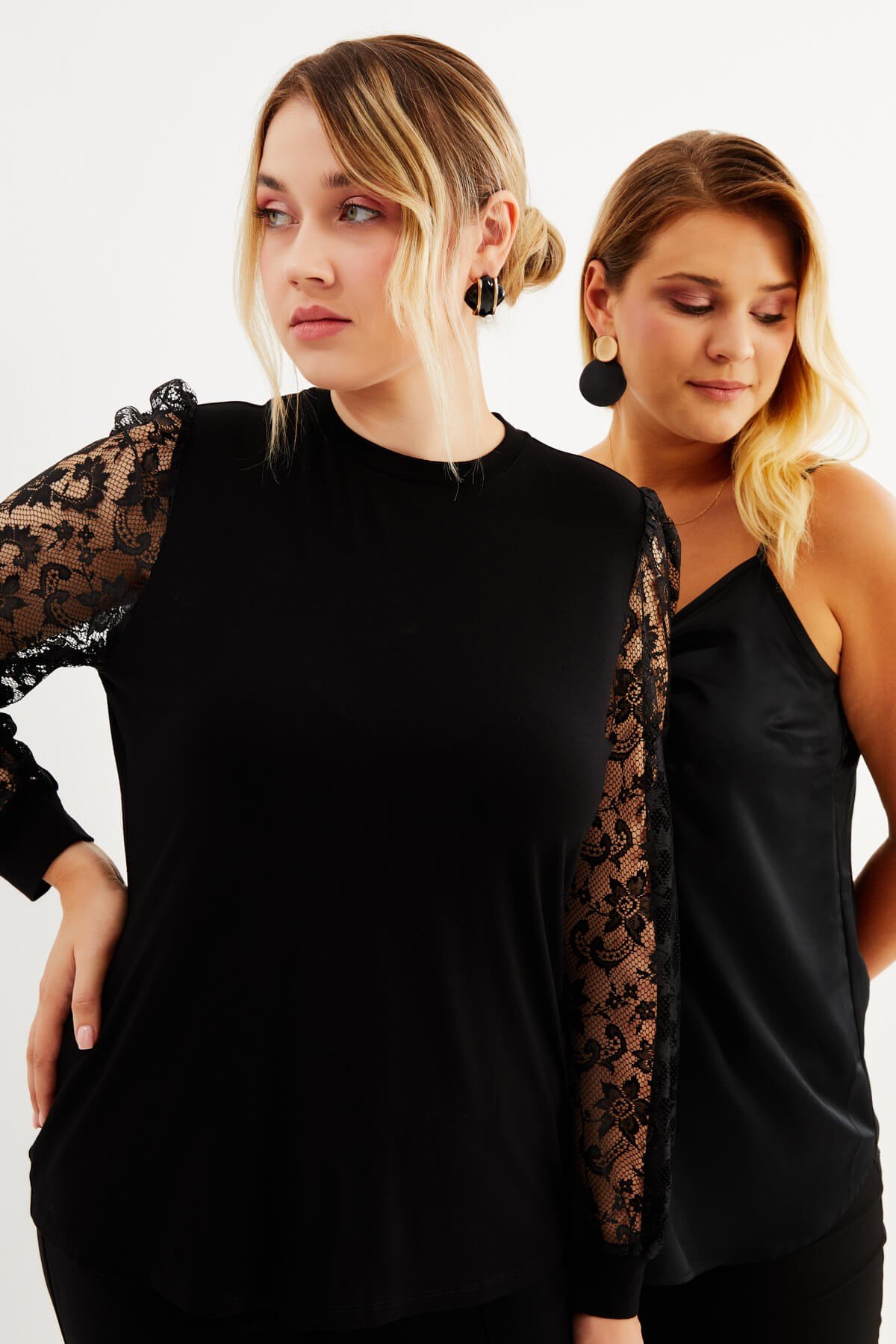 Myline-Kolları Dantelli Yuvarlak Yakalı Örme Bluz-Büyük Beden Bluz-88028