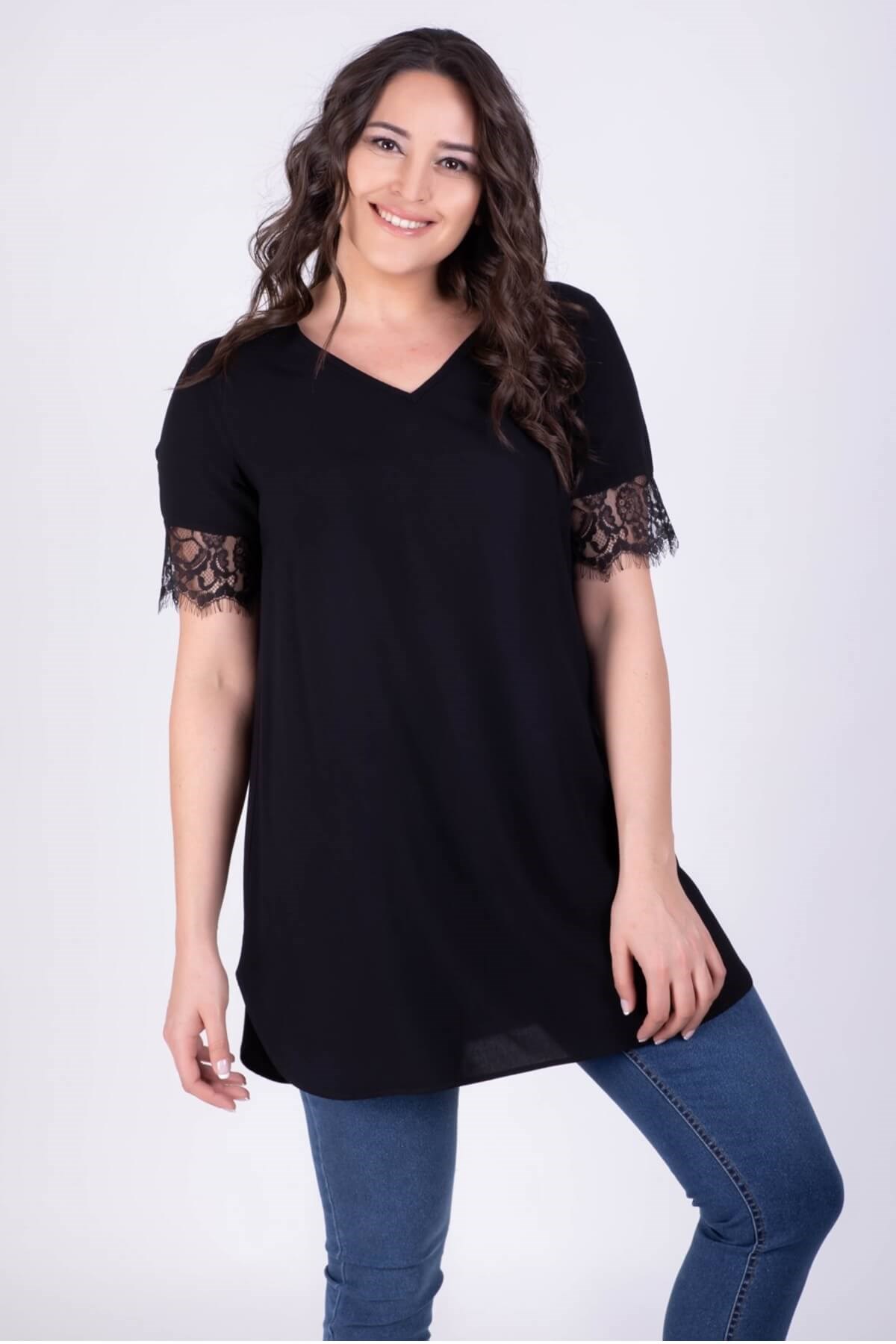 Myline-Kolları Detaylı V Yaka Tunik-Büyük Beden Outlet-24019