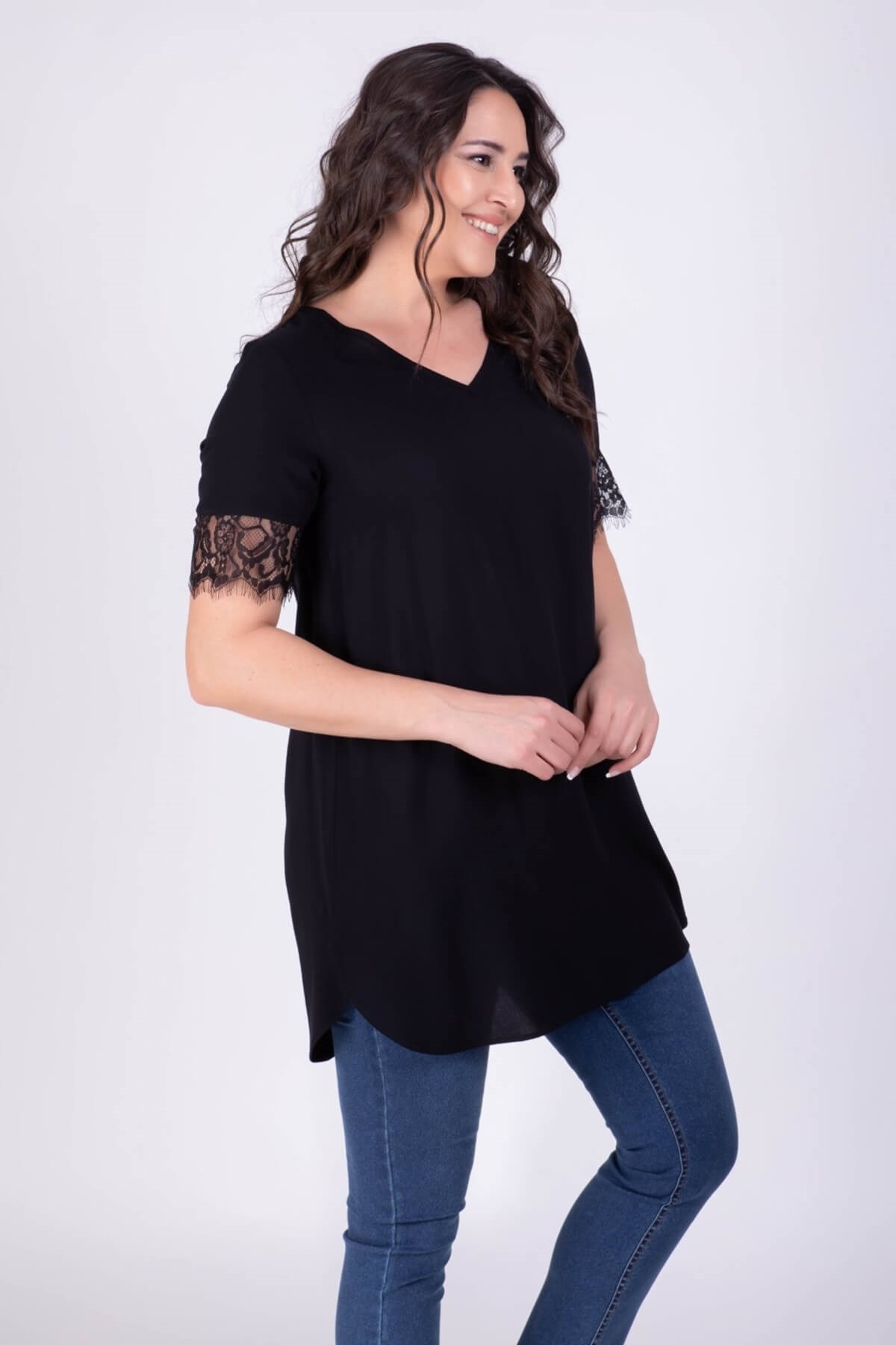 Myline-Kolları Detaylı V Yaka Tunik-Büyük Beden Outlet-24019