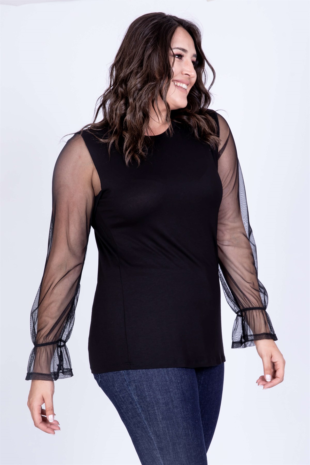 Myline-Kolları Fileli Bluz-Büyük Beden Bluz-35128