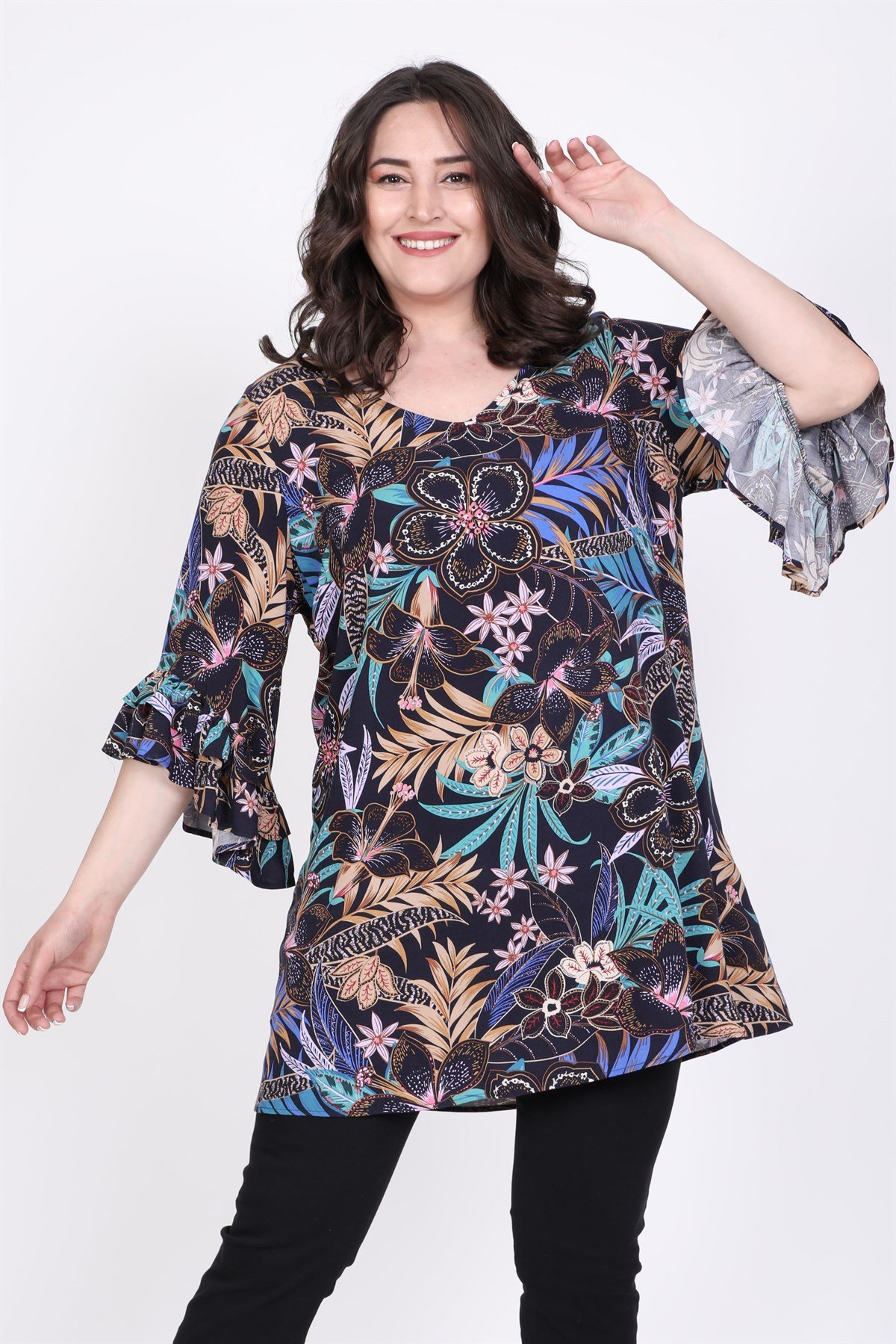 Myline-Kolları Fırfırlı Bluz-Büyük Beden Bluz-45572