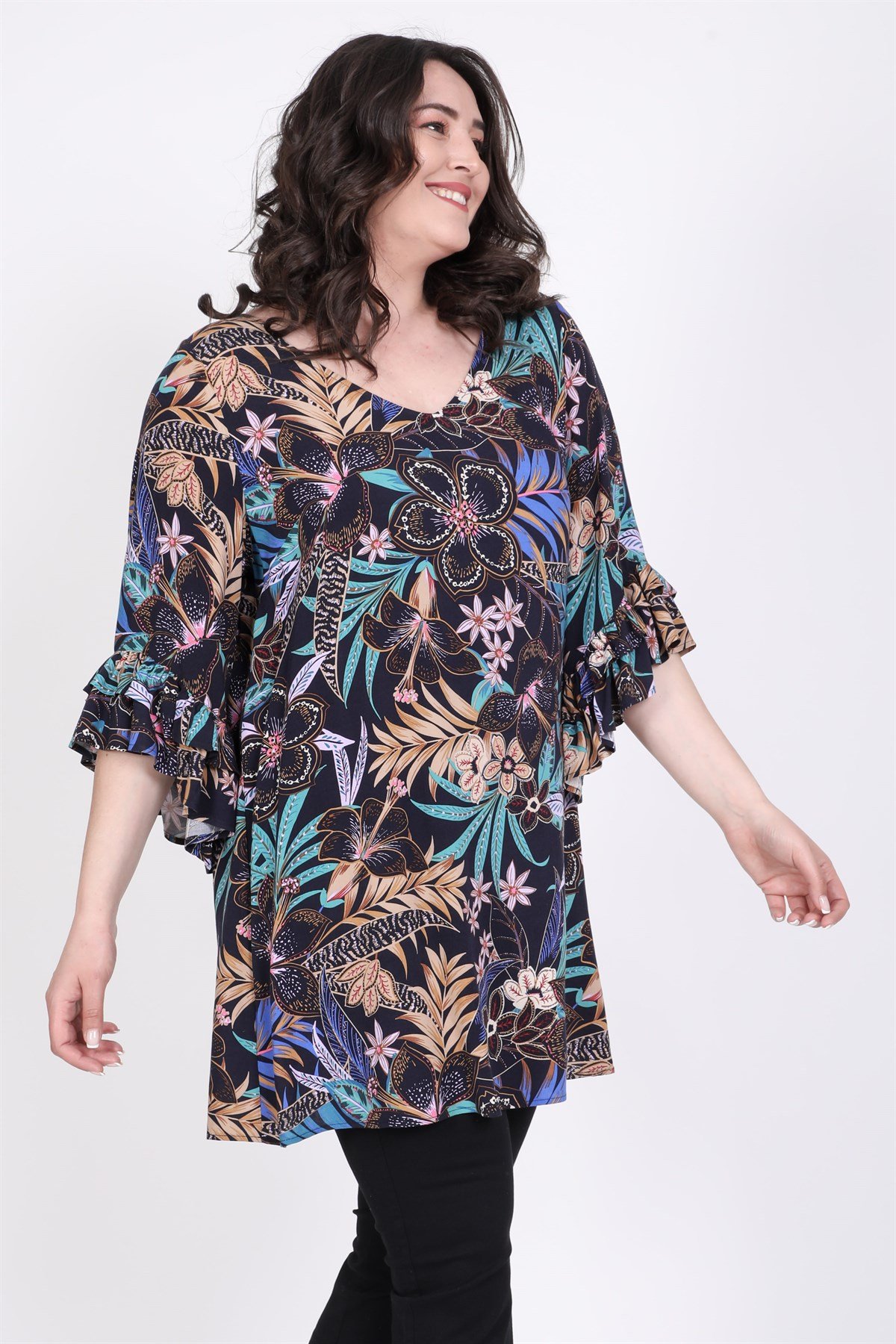 Myline-Kolları Fırfırlı Bluz-Büyük Beden Bluz-45572