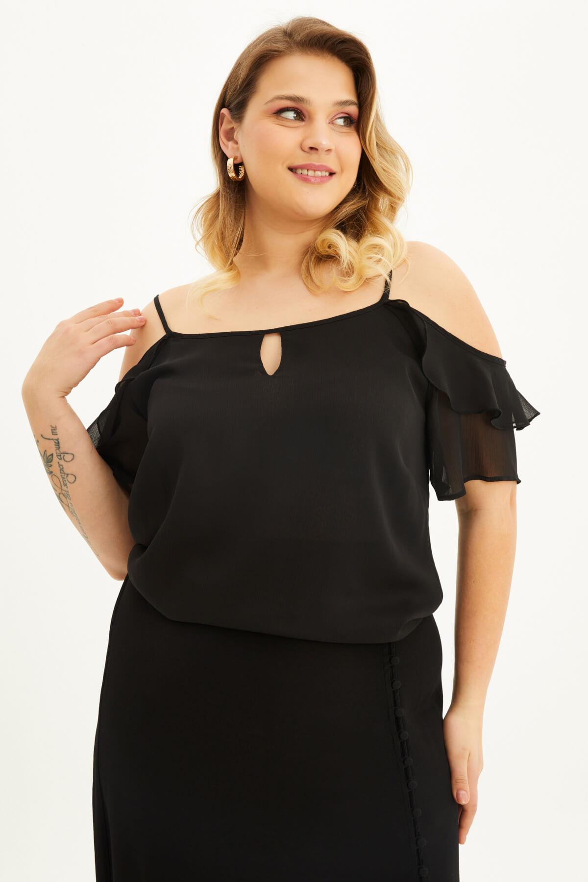 Myline-Kolları Pencereli Fırfırlı Bluz-Büyük Beden Bluz-87898