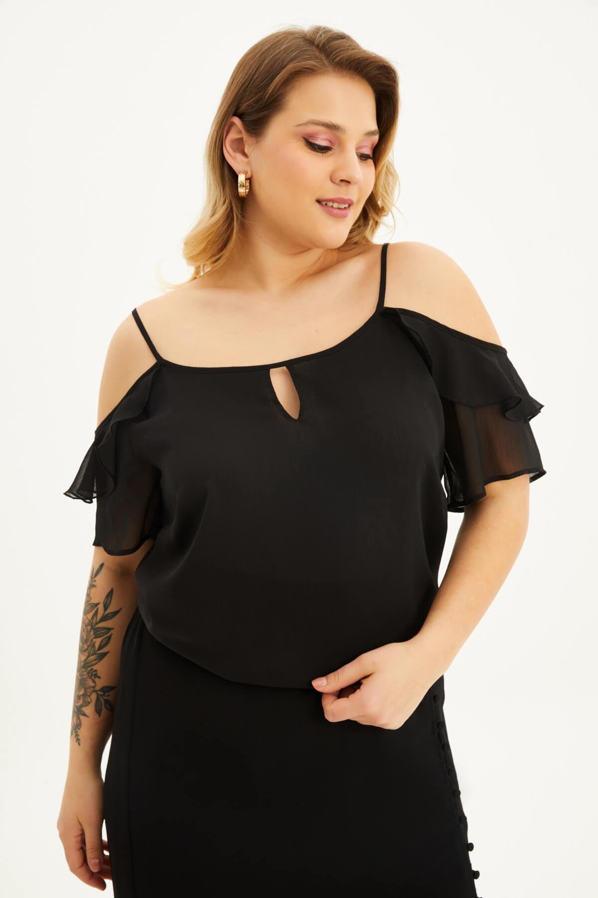 Myline-Kolları Pencereli Fırfırlı Bluz-Büyük Beden Bluz-87898