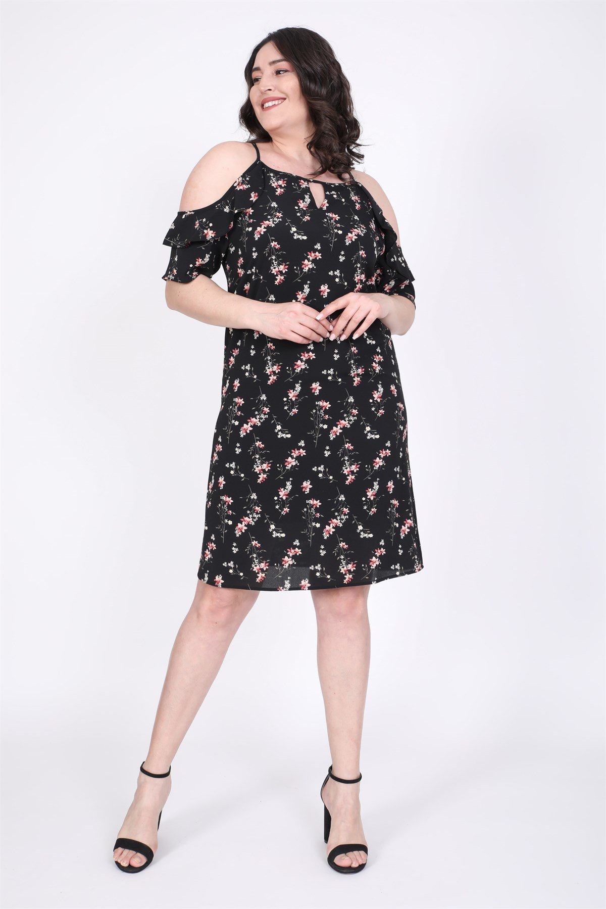 Myline-Kolları Pencereli Fırfırlı Elbise -Büyük Beden Günlük Elbiseler-45494