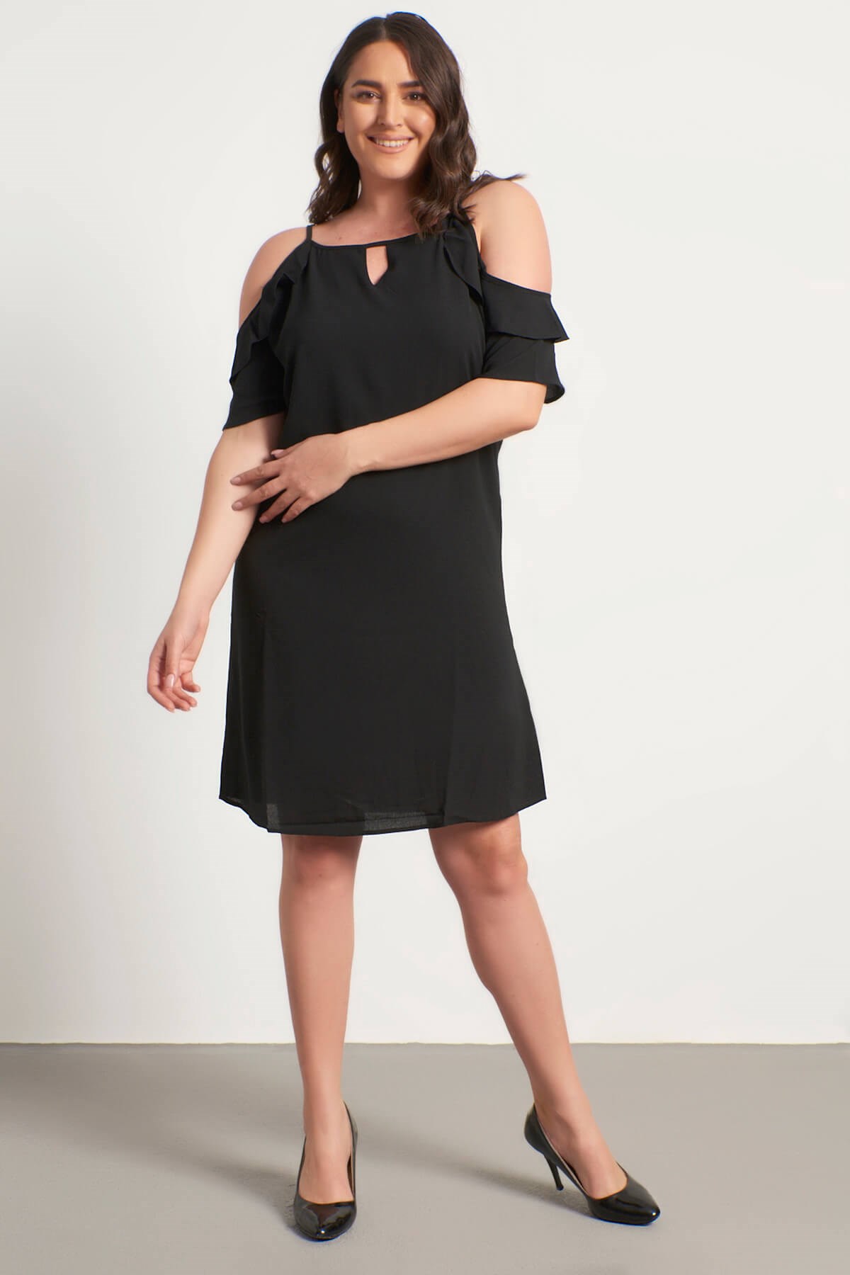 Myline-Kolları Pencerelı Fırfırlı Elbise-Büyük Beden Günlük Elbiseler-23834