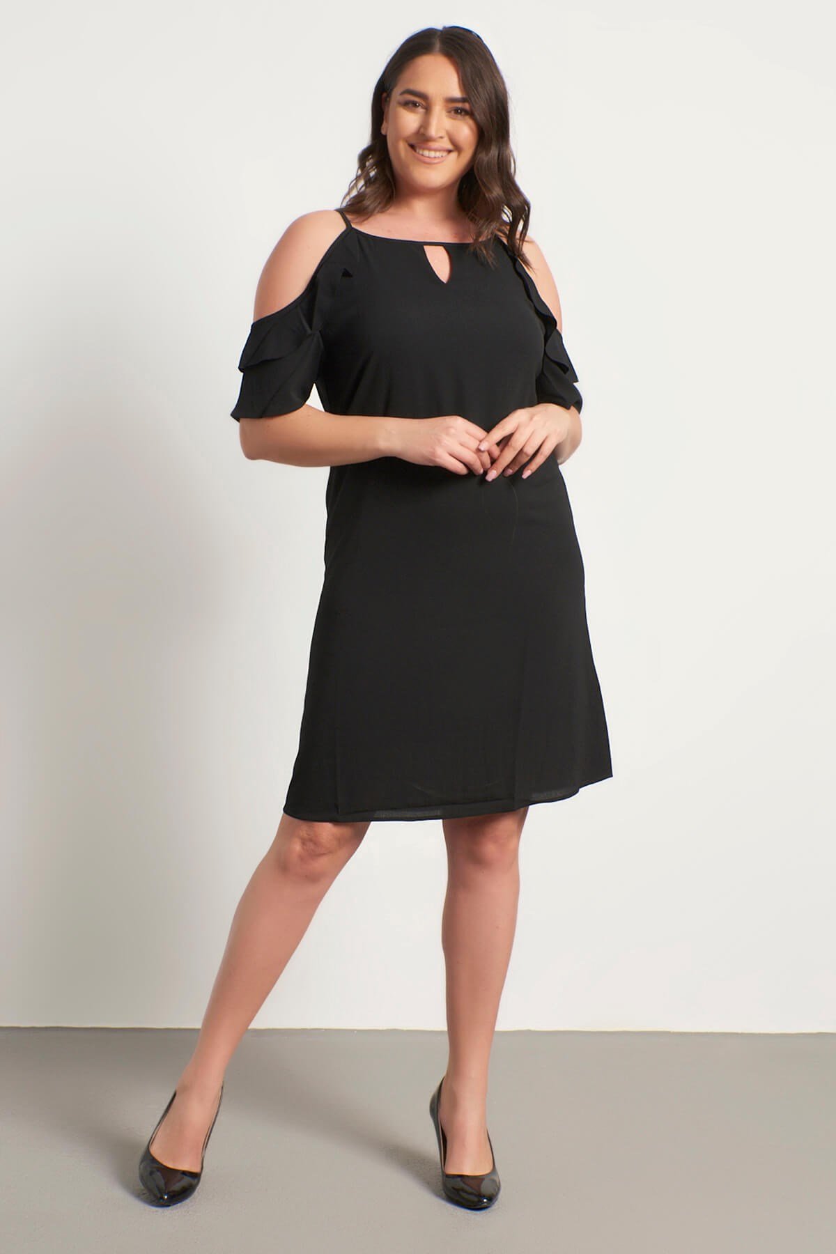 Myline-Kolları Pencerelı Fırfırlı Elbise-Büyük Beden Günlük Elbiseler-23834