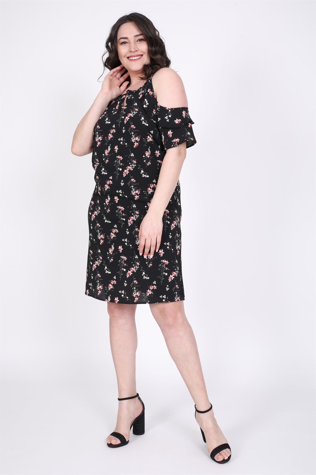 Myline-Kolları Pencereli Fırfırlı Elbise -Büyük Beden Günlük Elbiseler-45494