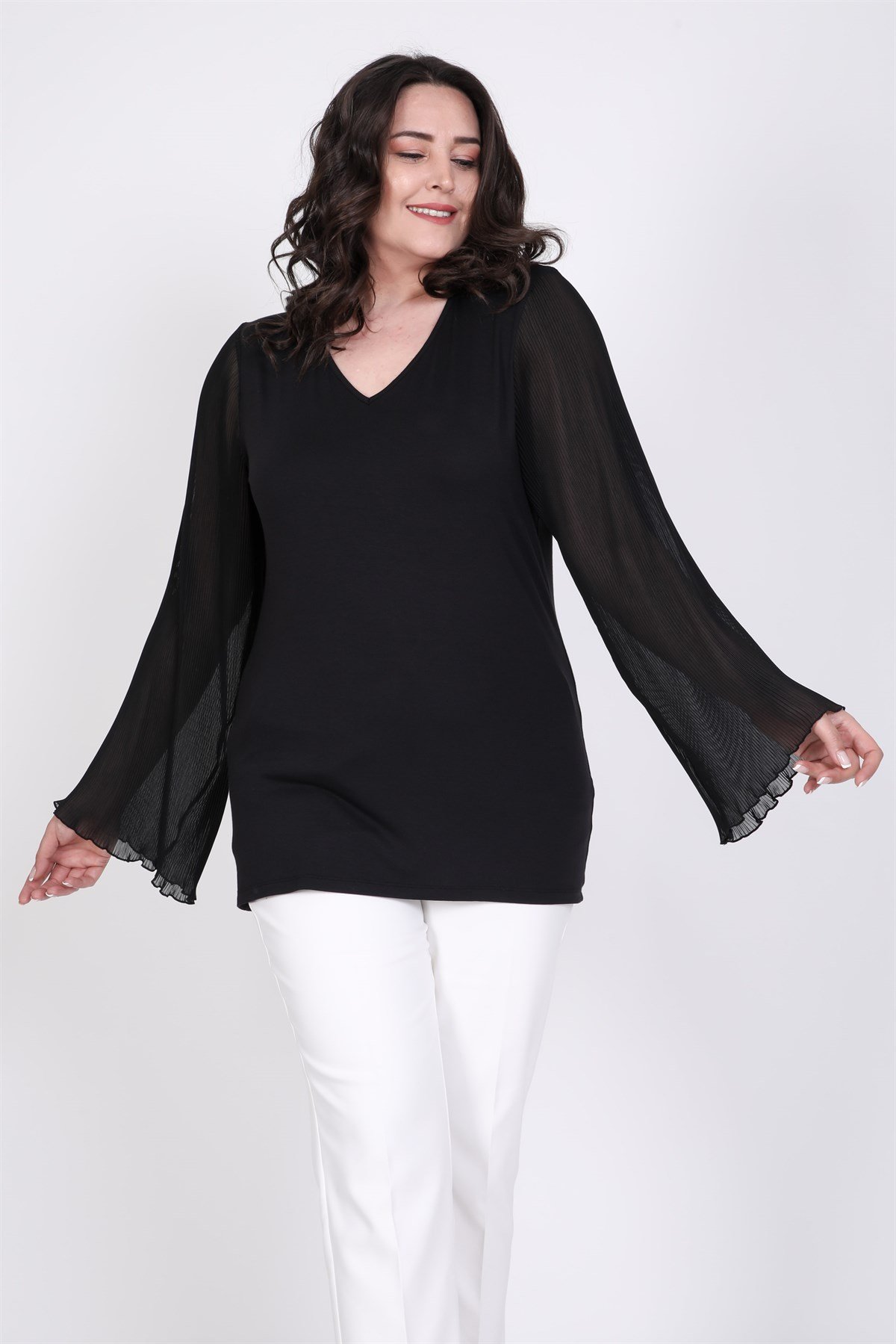 Myline-Kolları Piliseli Bluz-Büyük Beden Bluz-35194