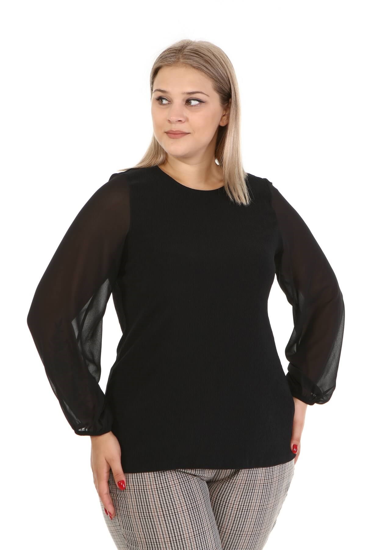 Myline-Kolları Şifon Örme Bluz-Büyük Beden Bluz-67058