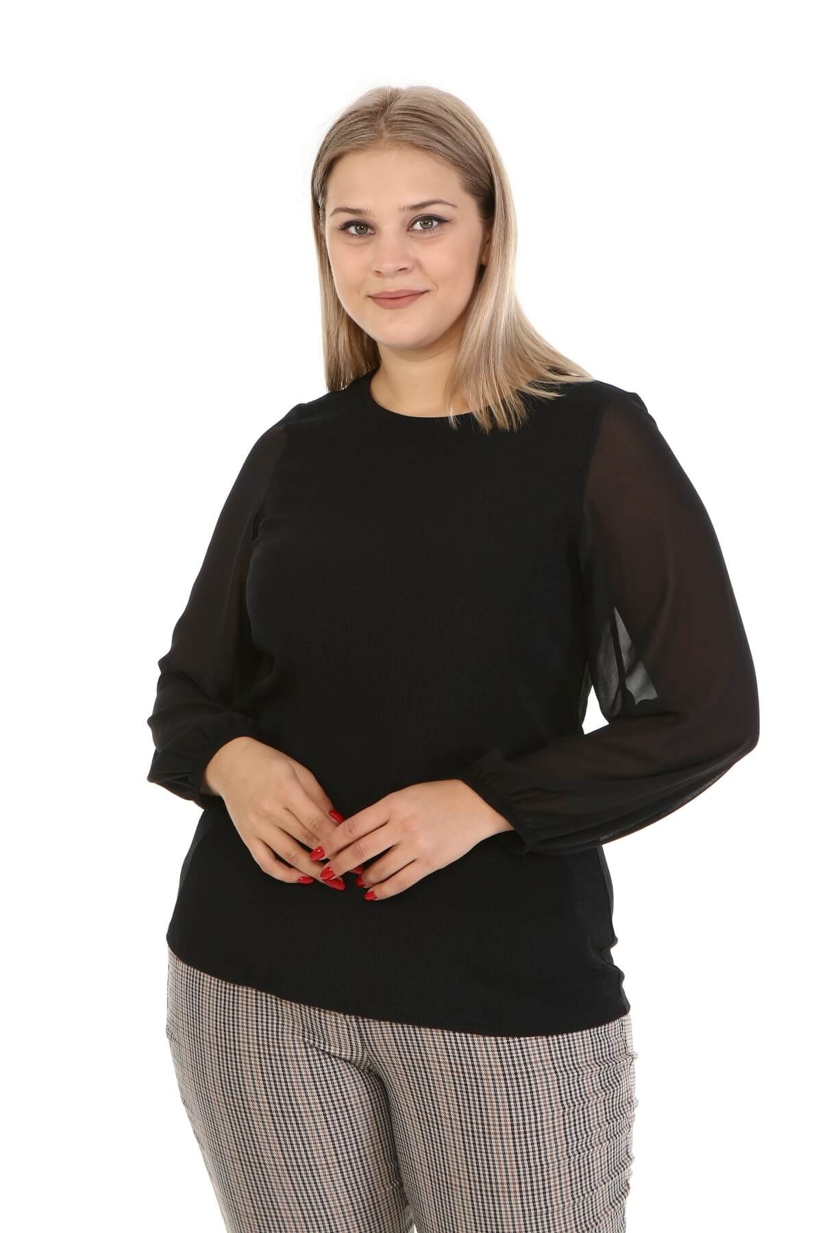 Myline-Kolları Şifon Örme Bluz-Büyük Beden Bluz-67058