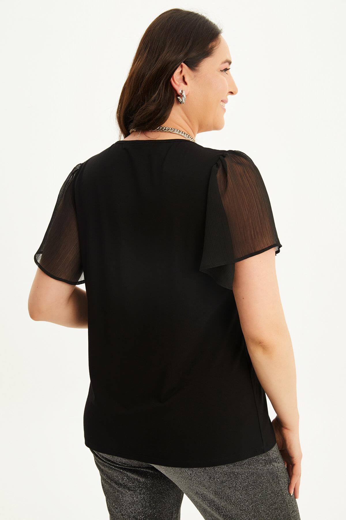 Myline-Kolları Şifon Penye Tişört-Büyük Beden Tişört-118432