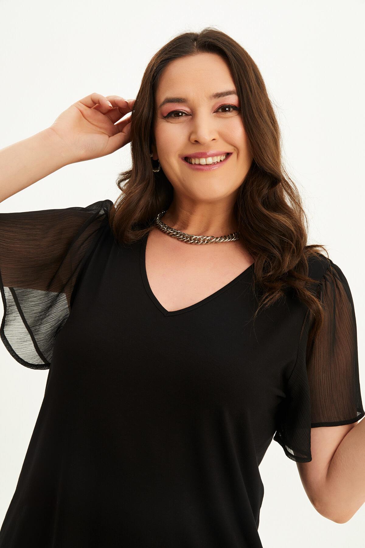 Myline-Kolları Şifon Penye Tişört-Büyük Beden Tişört-118432