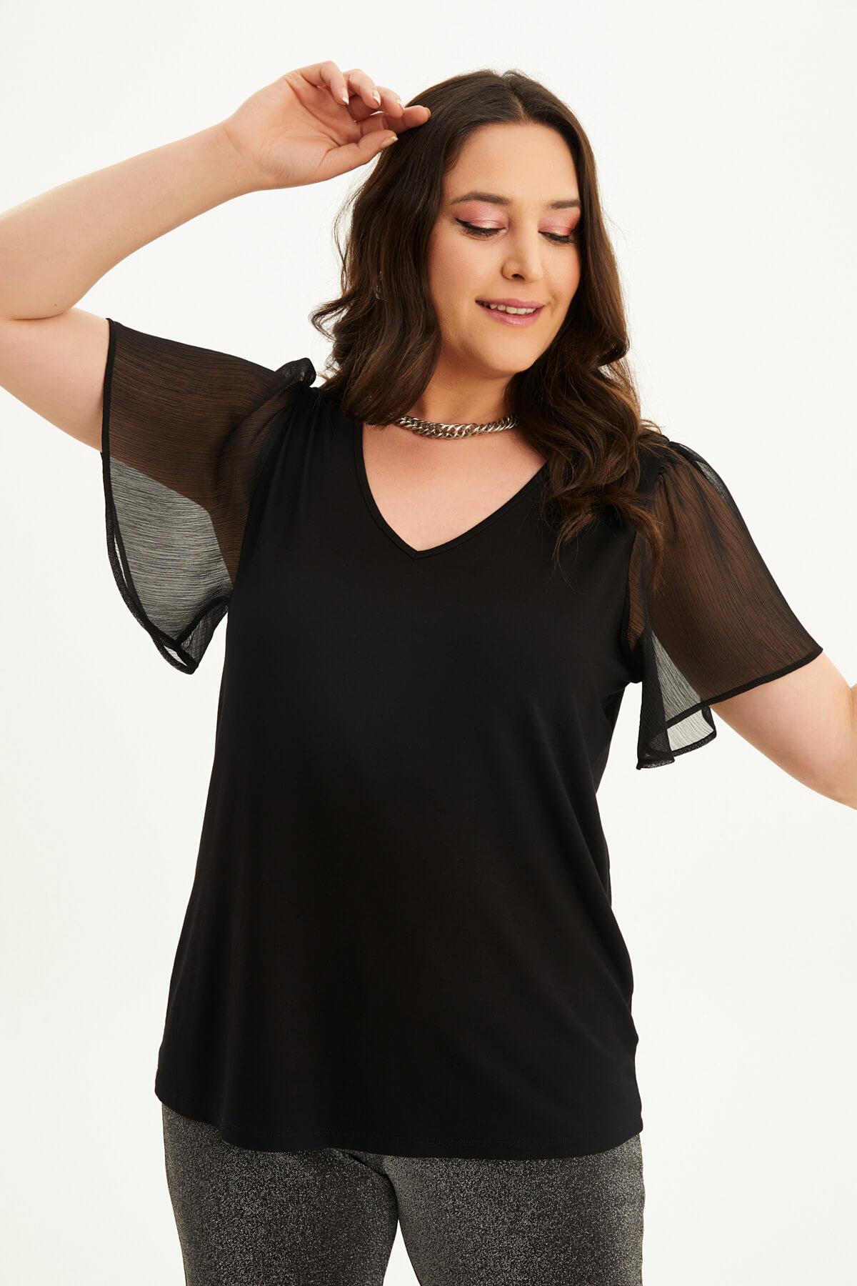 Myline-Kolları Şifon Penye Tişört-Büyük Beden Tişört-118432