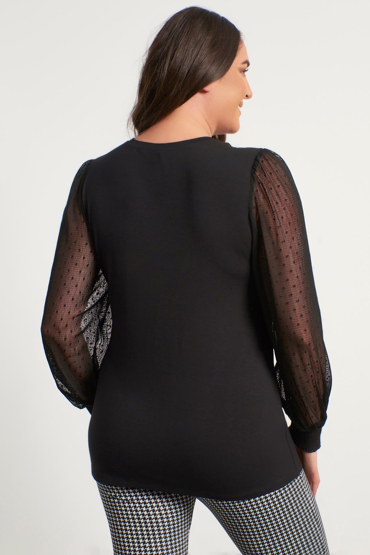 Myline-Kolları Ve Yakası Tül Detaylı Penye Bluz-Büyük Beden Bluz-56056