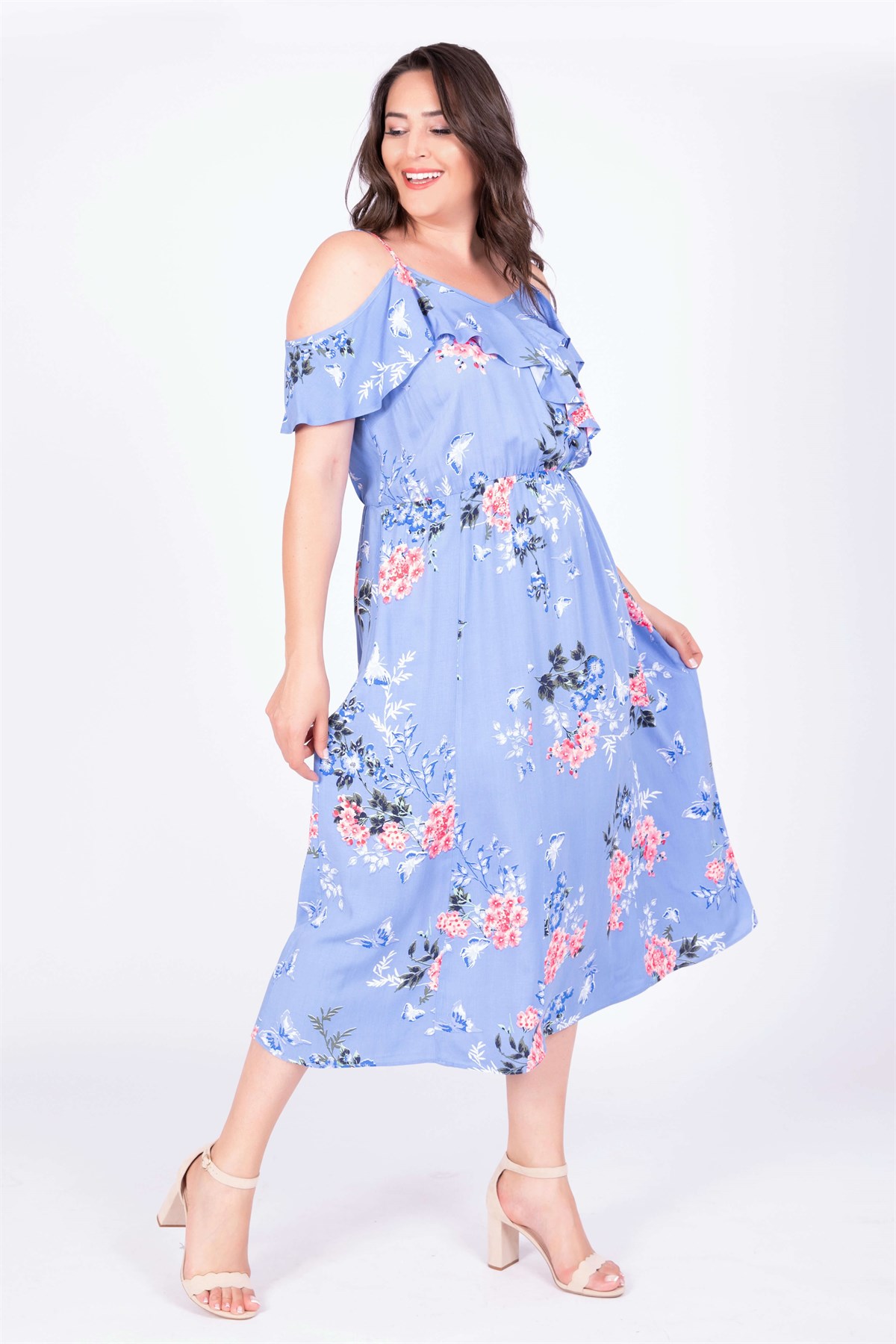 Myline-Kolları Volanlı Elbise-Büyük Beden Günlük Elbiseler-34669