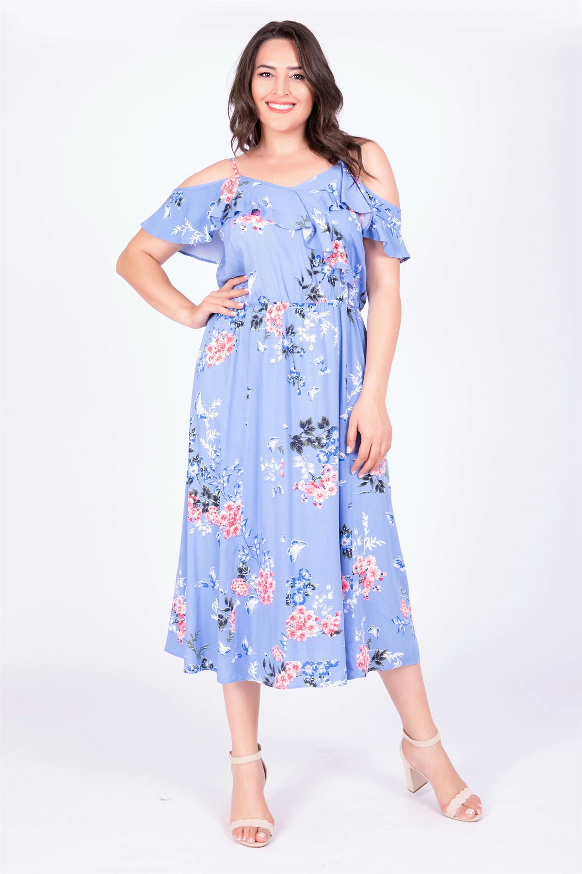 Myline-Kolları Volanlı Elbise-Büyük Beden Günlük Elbiseler-34669