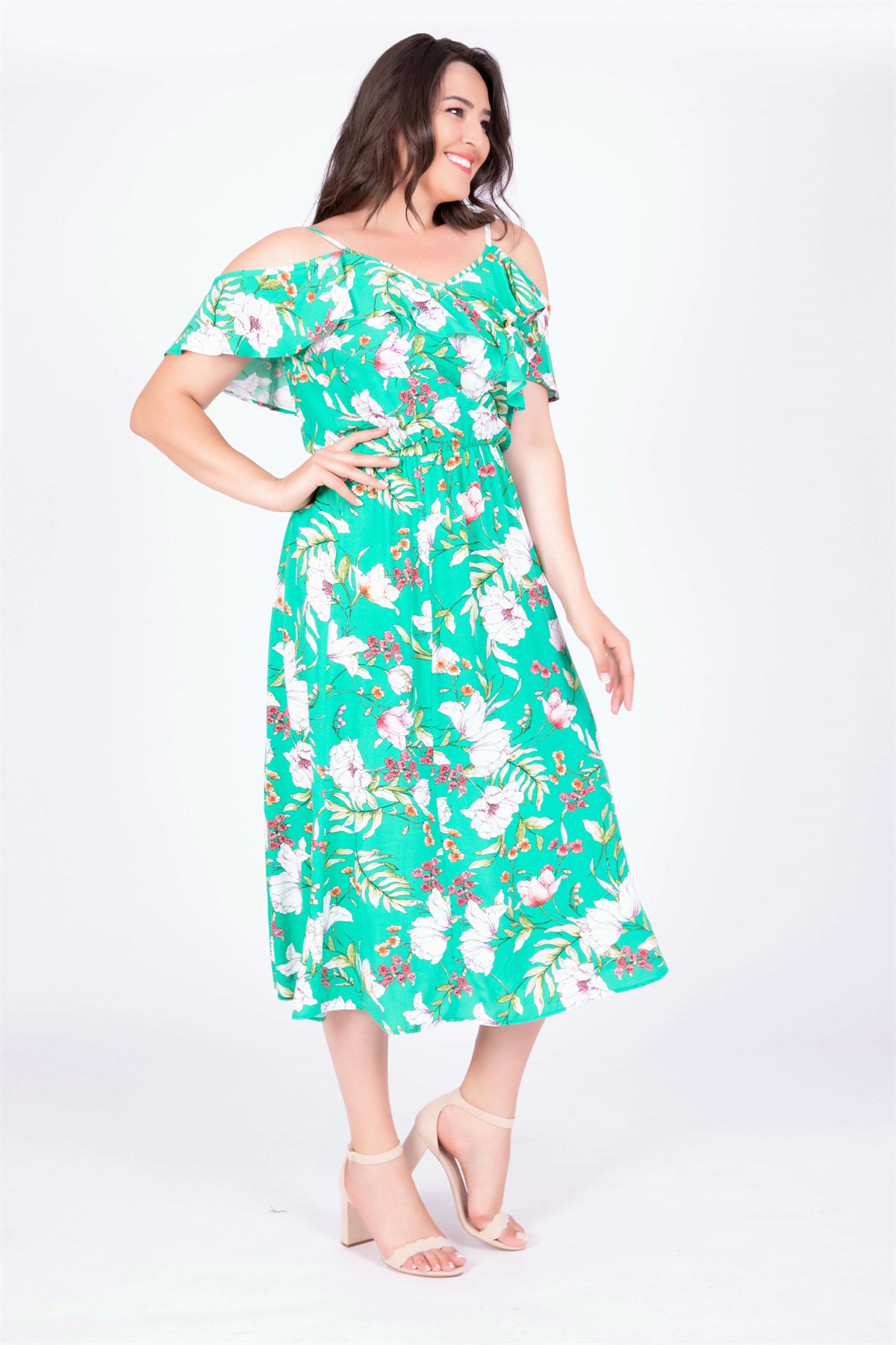 Myline-Kolları Volanlı Elbise-Büyük Beden Günlük Elbiseler-34882