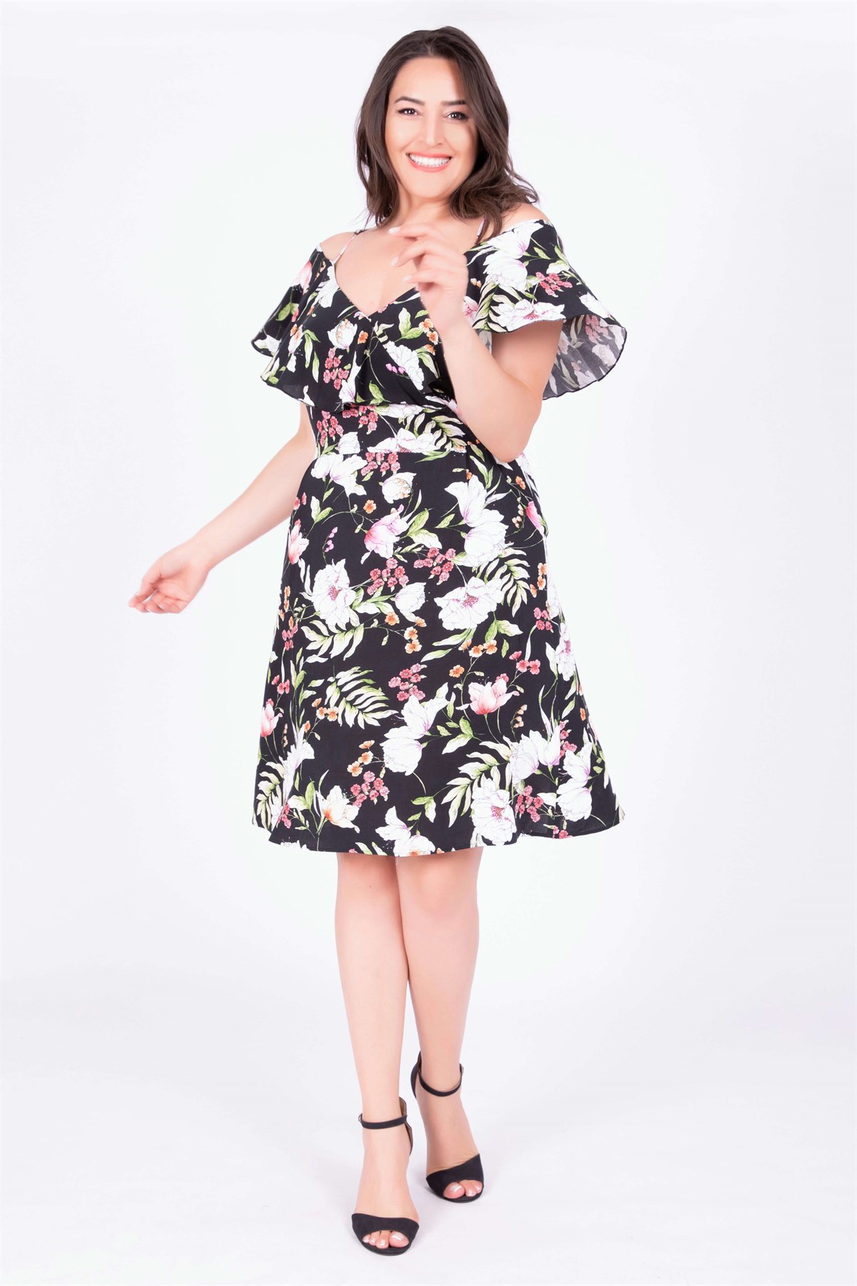 Myline-Kolları Volanlı Elbise-Büyük Beden Günlük Elbiseler-34895