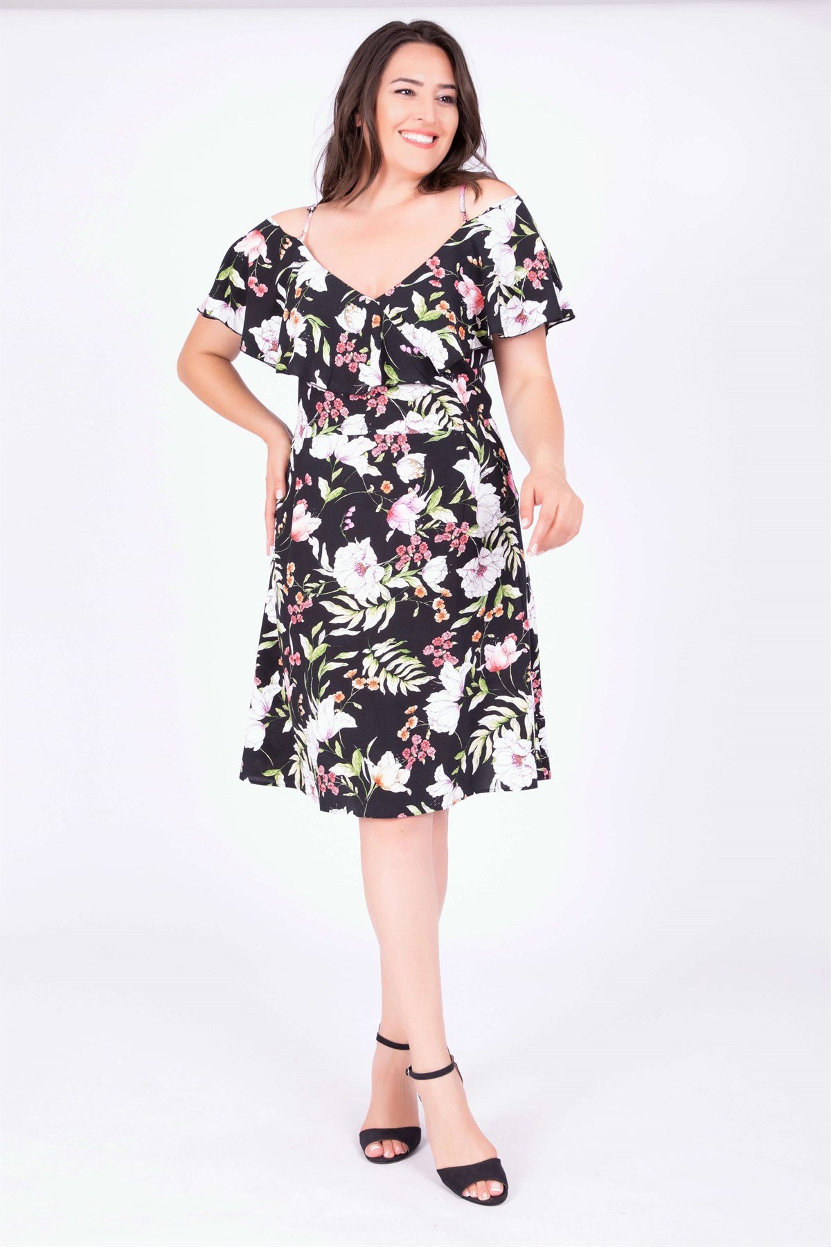 Myline-Kolları Volanlı Elbise-Büyük Beden Günlük Elbiseler-34895