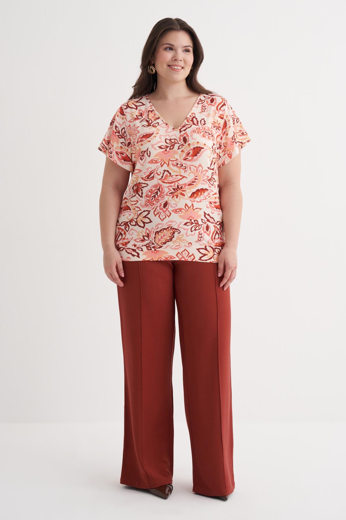 Myline-Kolları Volanlı Örme Tişört-Büyük Beden Tişört-149888