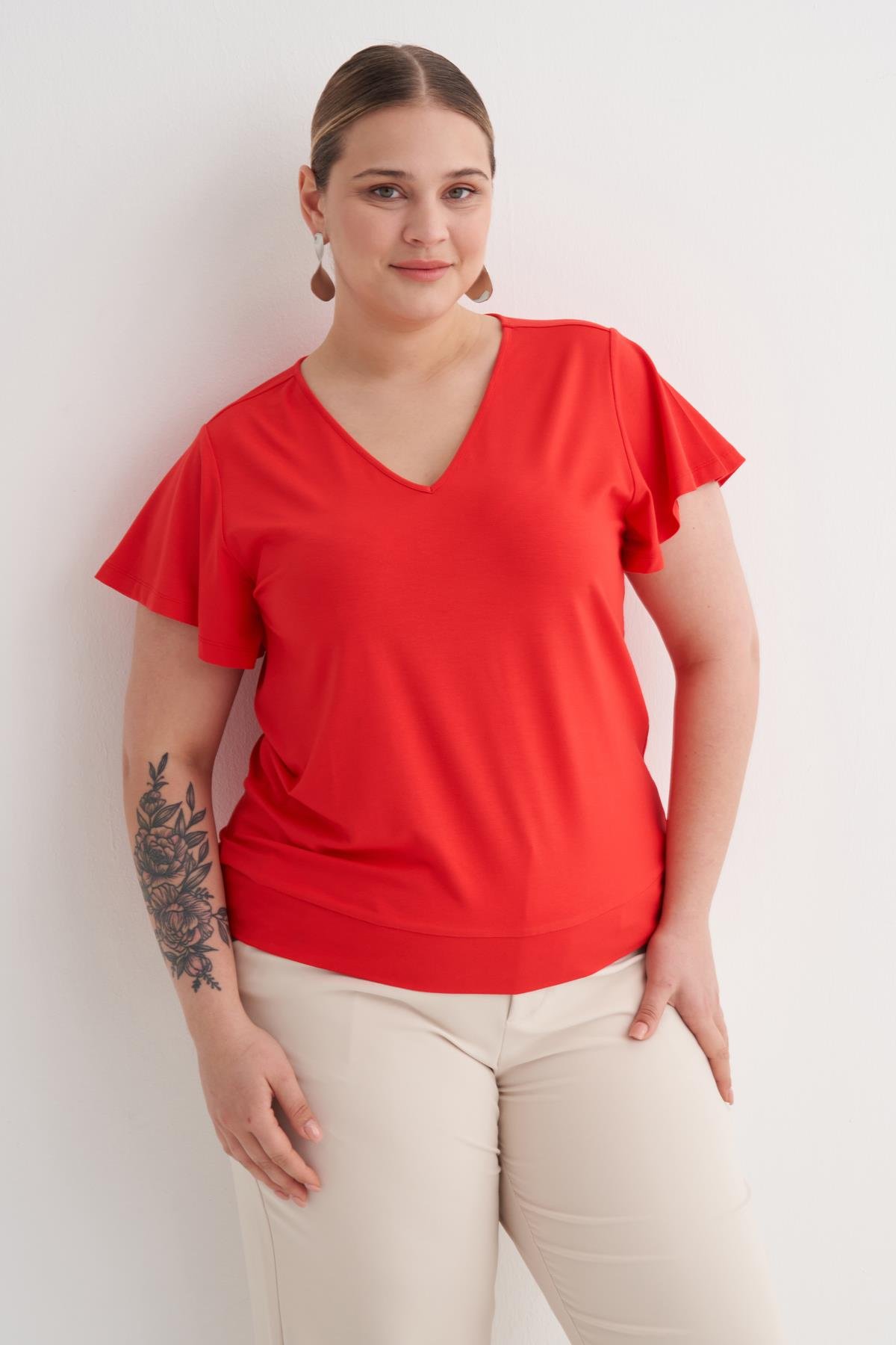 Myline-Kolları Volanlı Örme Tişört-Büyük Beden Tişört-149887