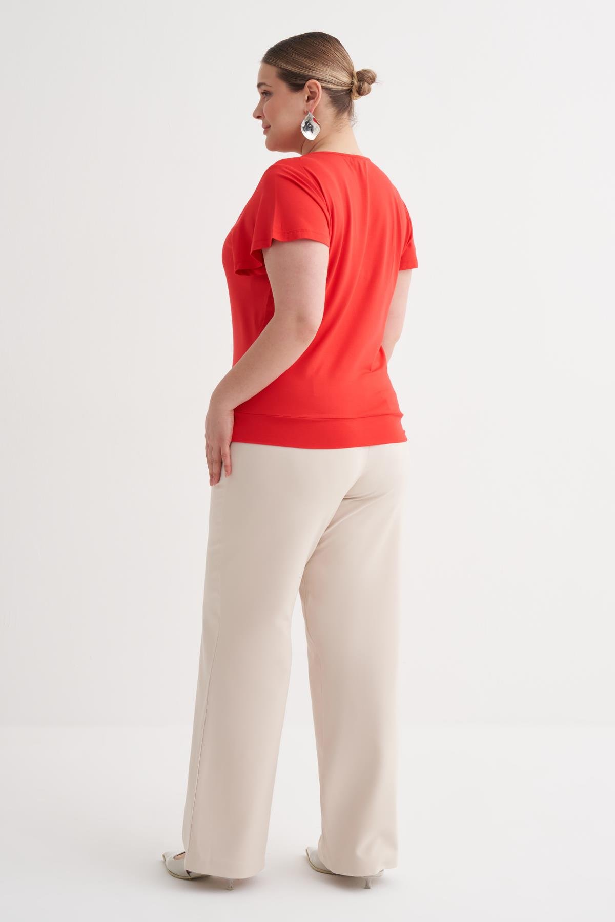 Myline-Kolları Volanlı Örme Tişört-Büyük Beden Tişört-149887