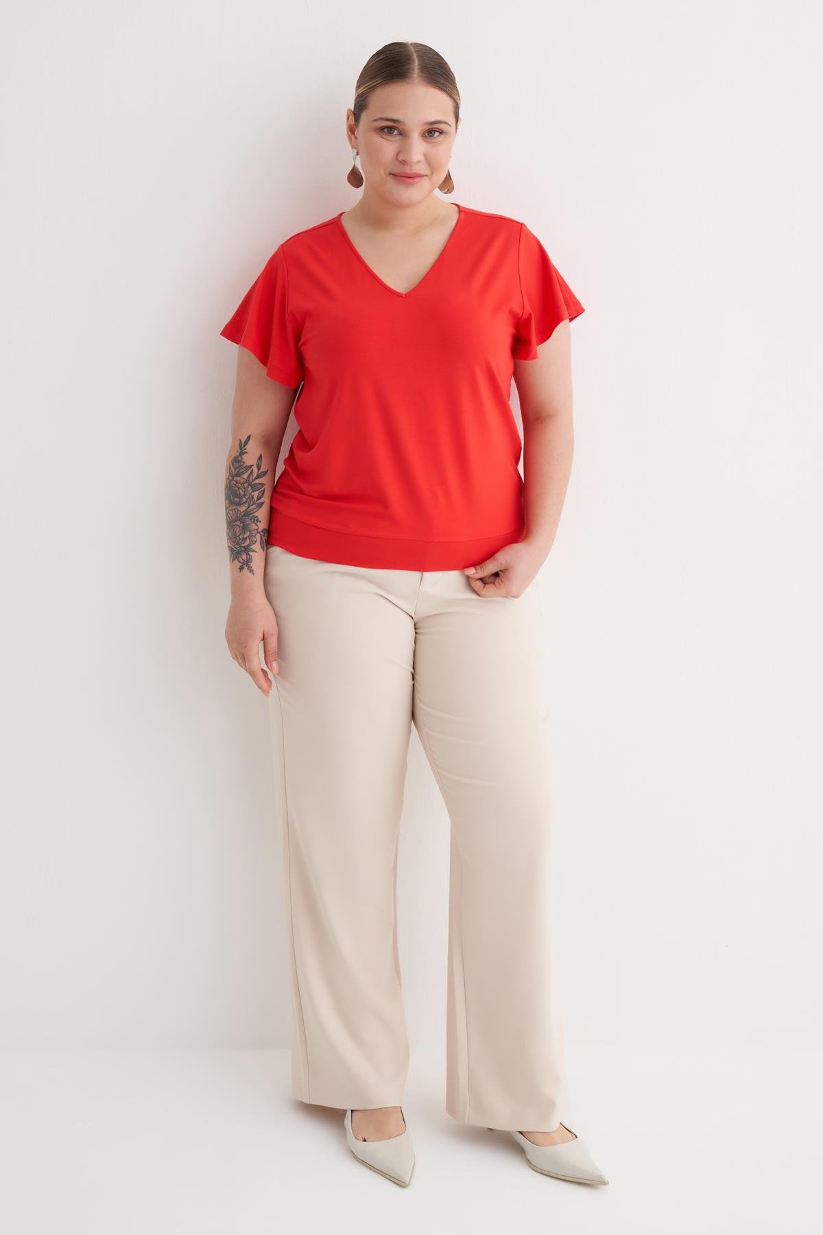 Myline-Kolları Volanlı Örme Tişört-Büyük Beden Tişört-149887