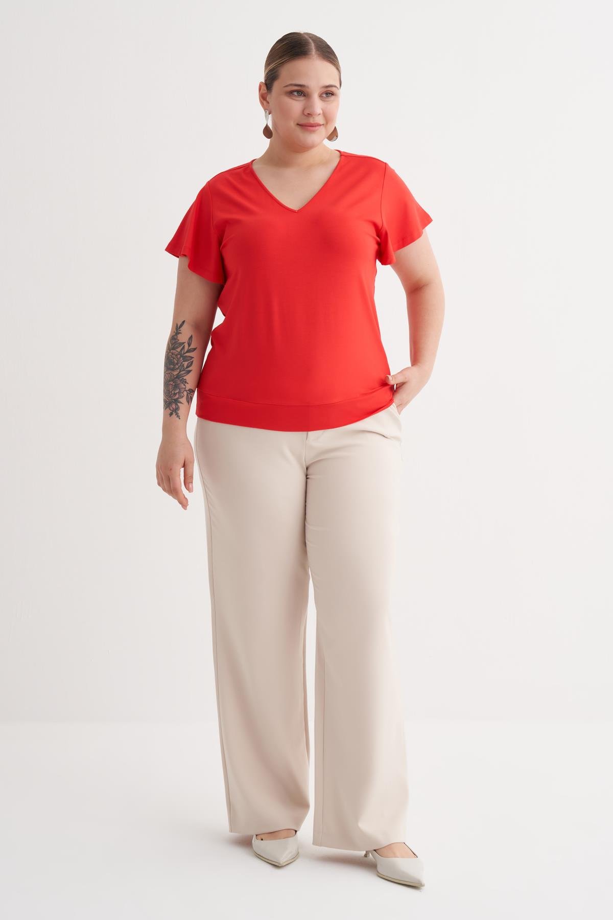 Myline-Kolları Volanlı Örme Tişört-Büyük Beden Tişört-149887