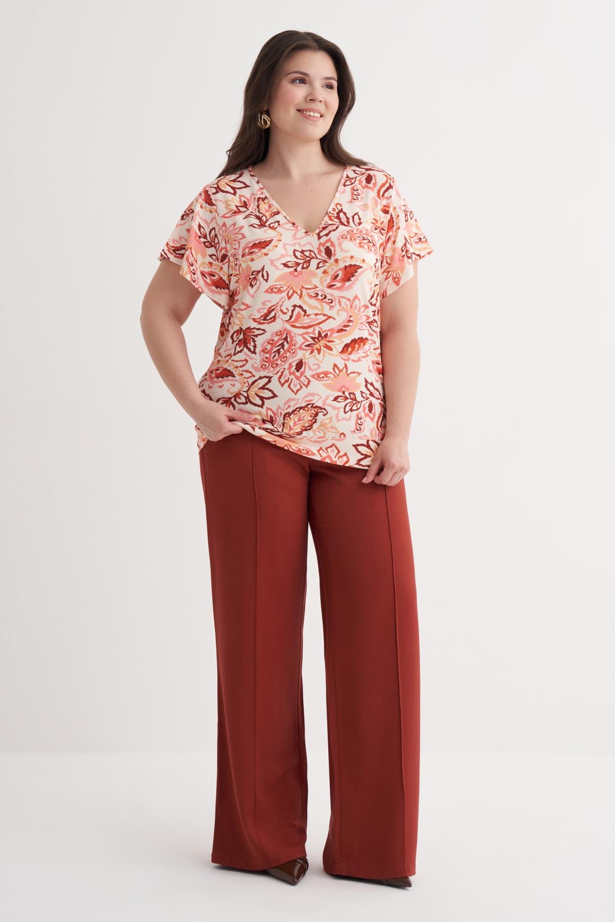 Myline-Kolları Volanlı Örme Tişört-Büyük Beden Tişört-149888