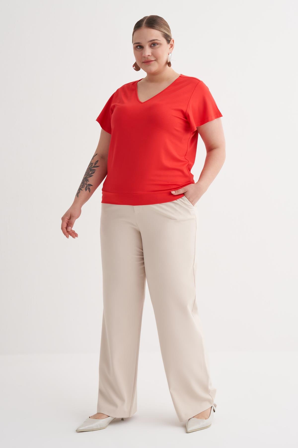 Myline-Kolları Volanlı Örme Tişört-Büyük Beden Tişört-149887