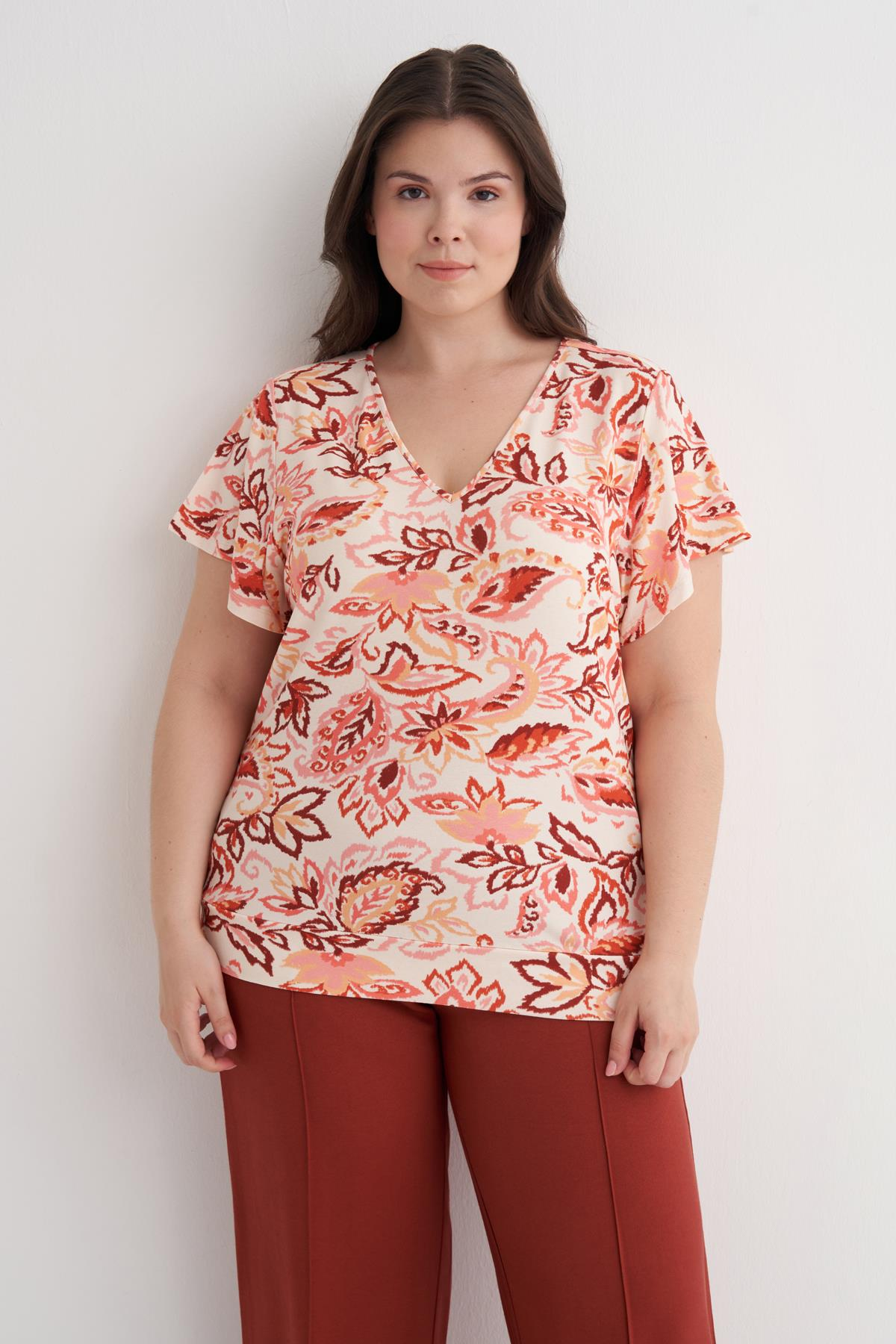 Myline-Kolları Volanlı Örme Tişört-Büyük Beden Tişört-149888