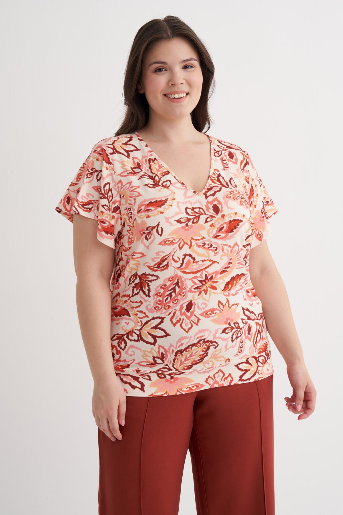 Myline-Kolları Volanlı Örme Tişört-Büyük Beden Tişört-149888