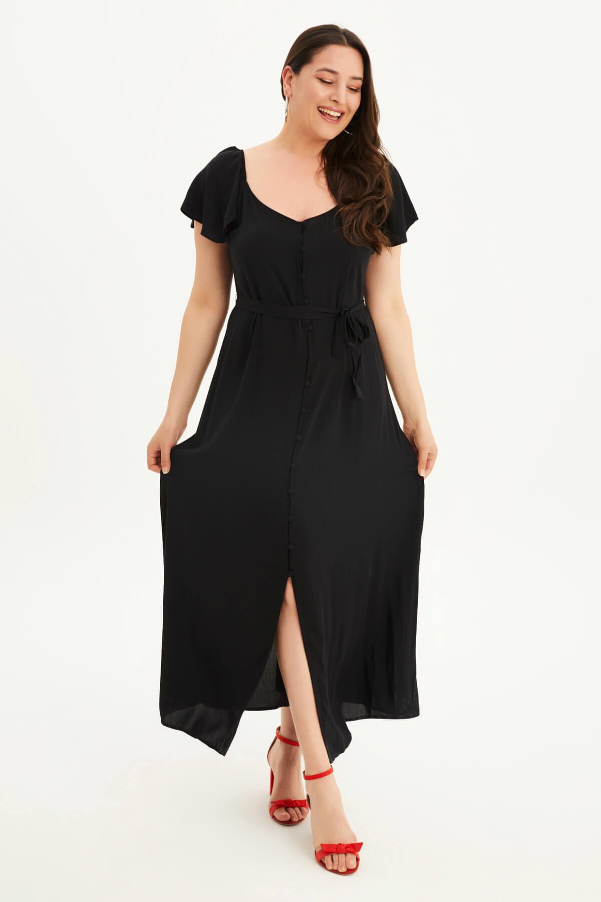 Myline-Kolları Volanlı Uzun Elbise-Büyük Beden Günlük Elbiseler-66439