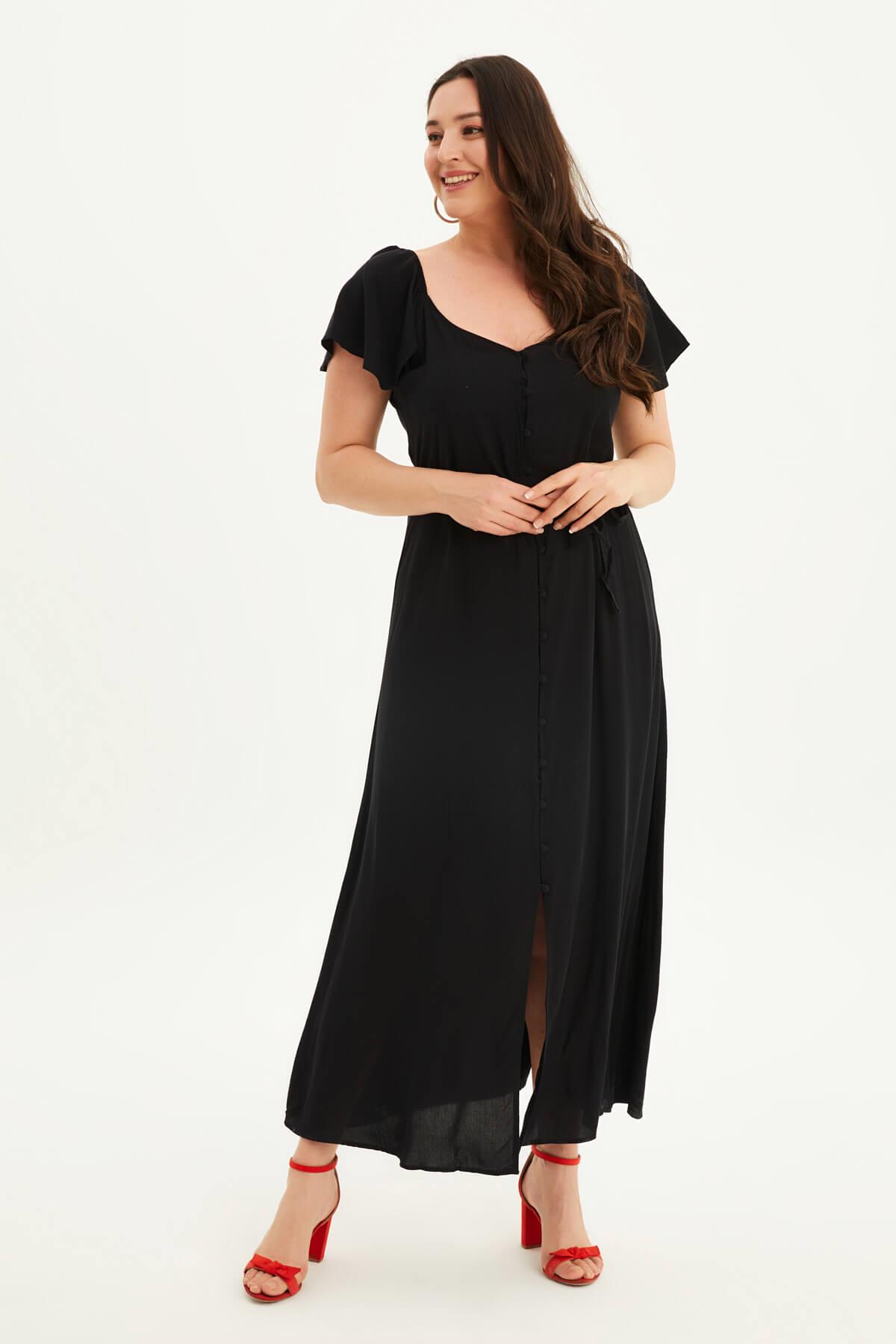 Myline-Kolları Volanlı Uzun Elbise-Büyük Beden Günlük Elbiseler-66439