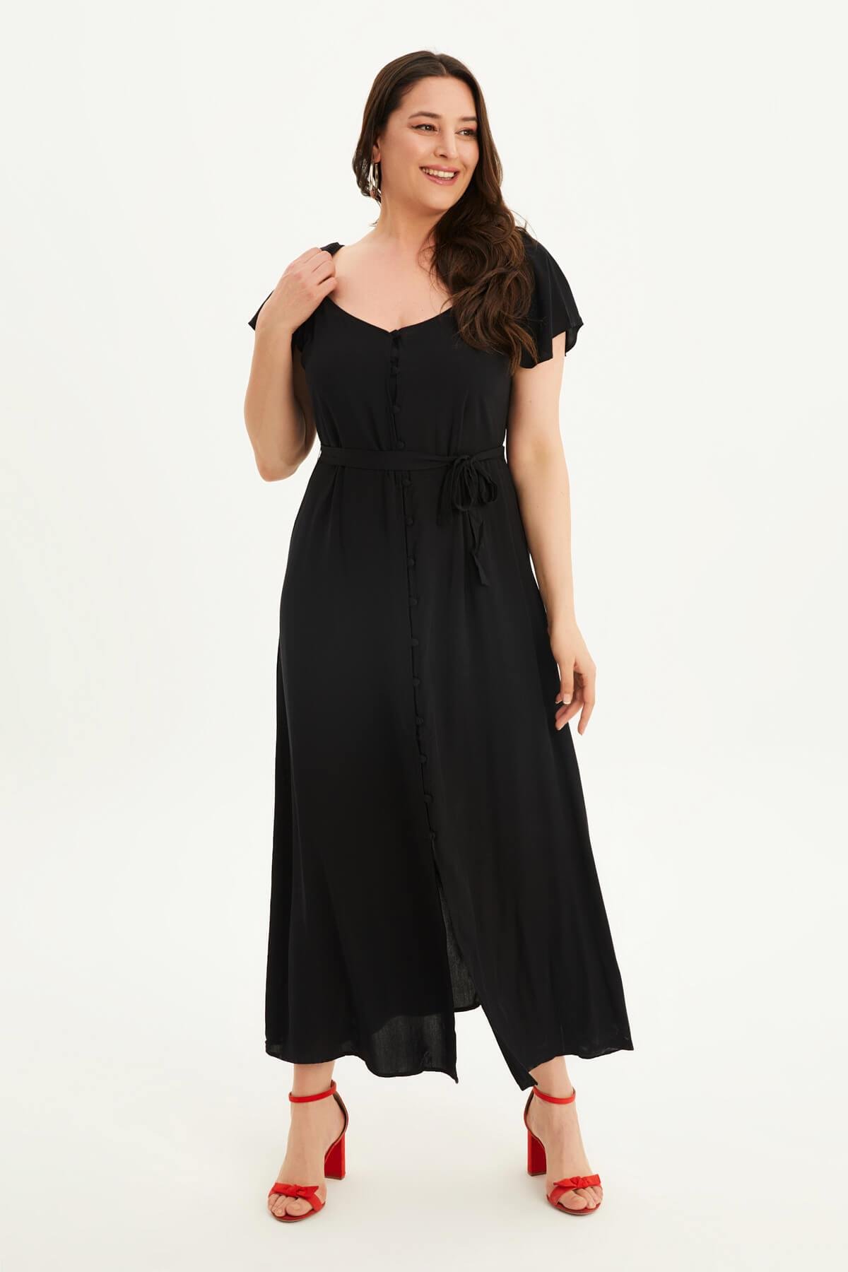 Kolları Volanlı Uzun Elbise