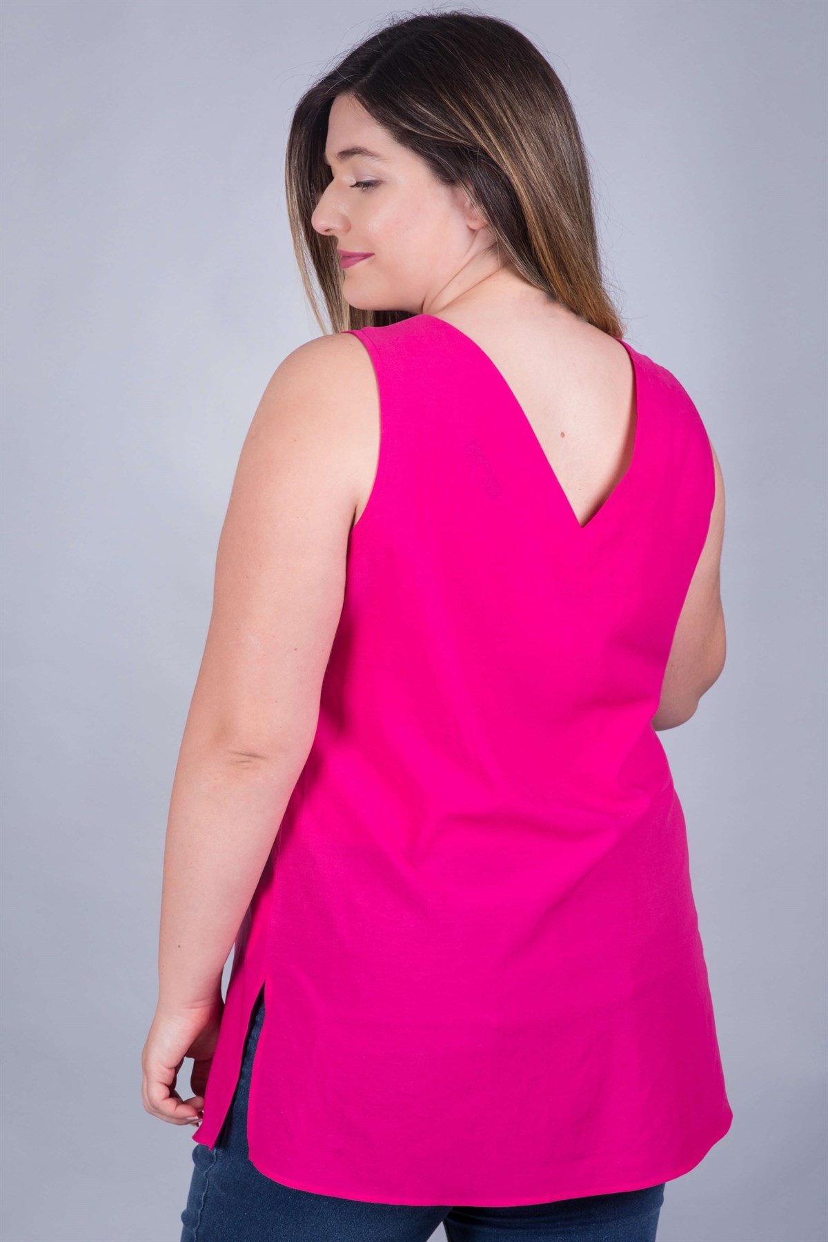 Myline-Kolsuz Yırtmaçlı V Yaka Bluz-Büyük Beden Bluz-23926